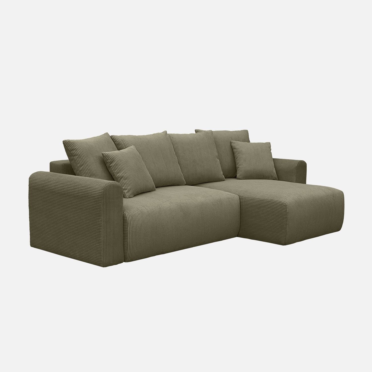 Canapé d'angle convertible réversible 3 places velours côtelé kaki