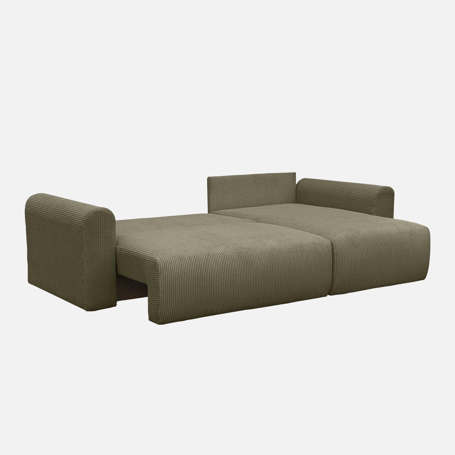 Canapé d'angle convertible réversible 3 places velours côtelé kaki avec coffre de rangement - Almo Photo3