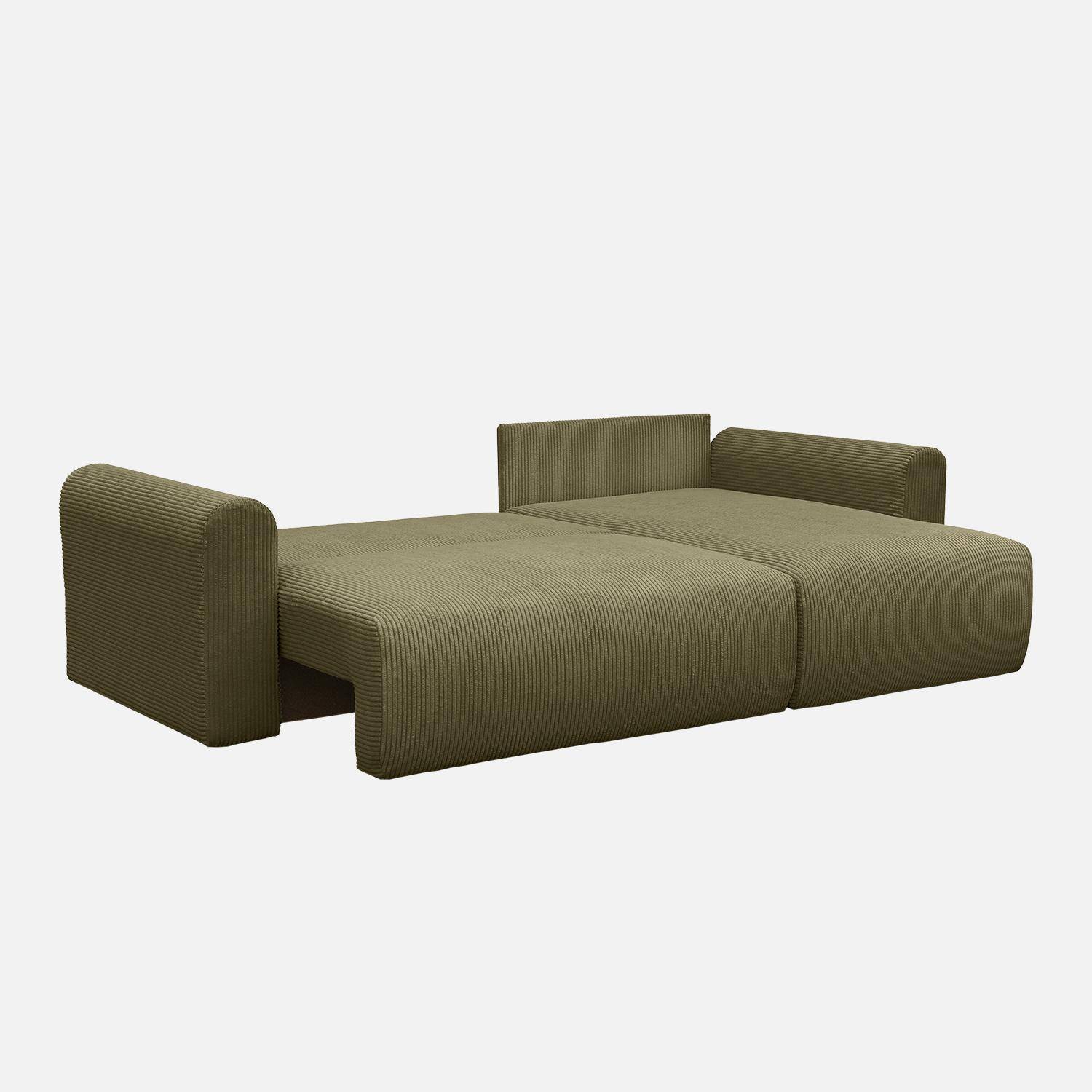 Canapé d'angle convertible réversible 3 places velours côtelé kaki avec coffre de rangement - Almo Photo11