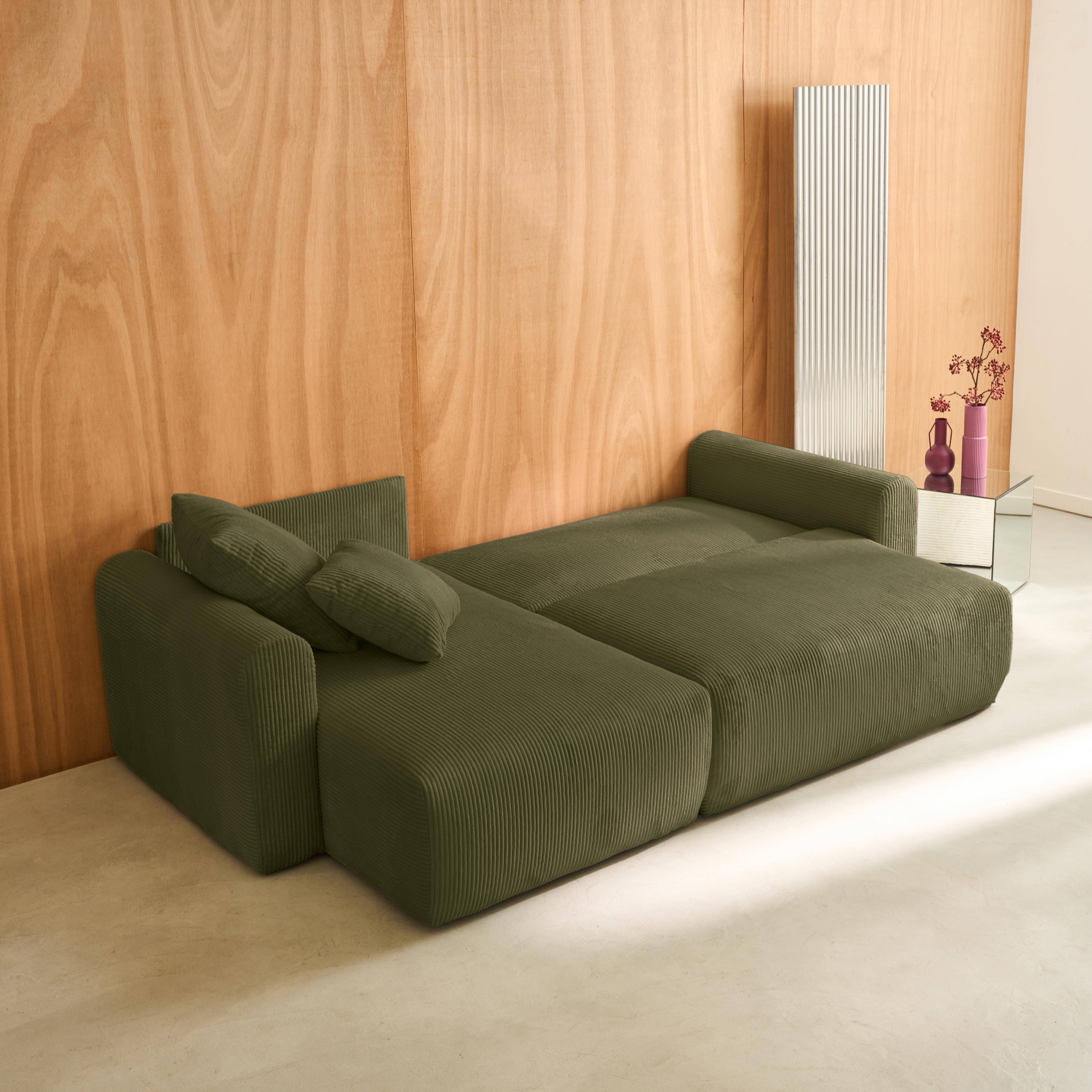 Narożna, odwracalna kanapa 3-osobowa z funkcją spania, ze sztruksu w kolorze khaki, z pojemnikiem na pościel – Almo Photo7