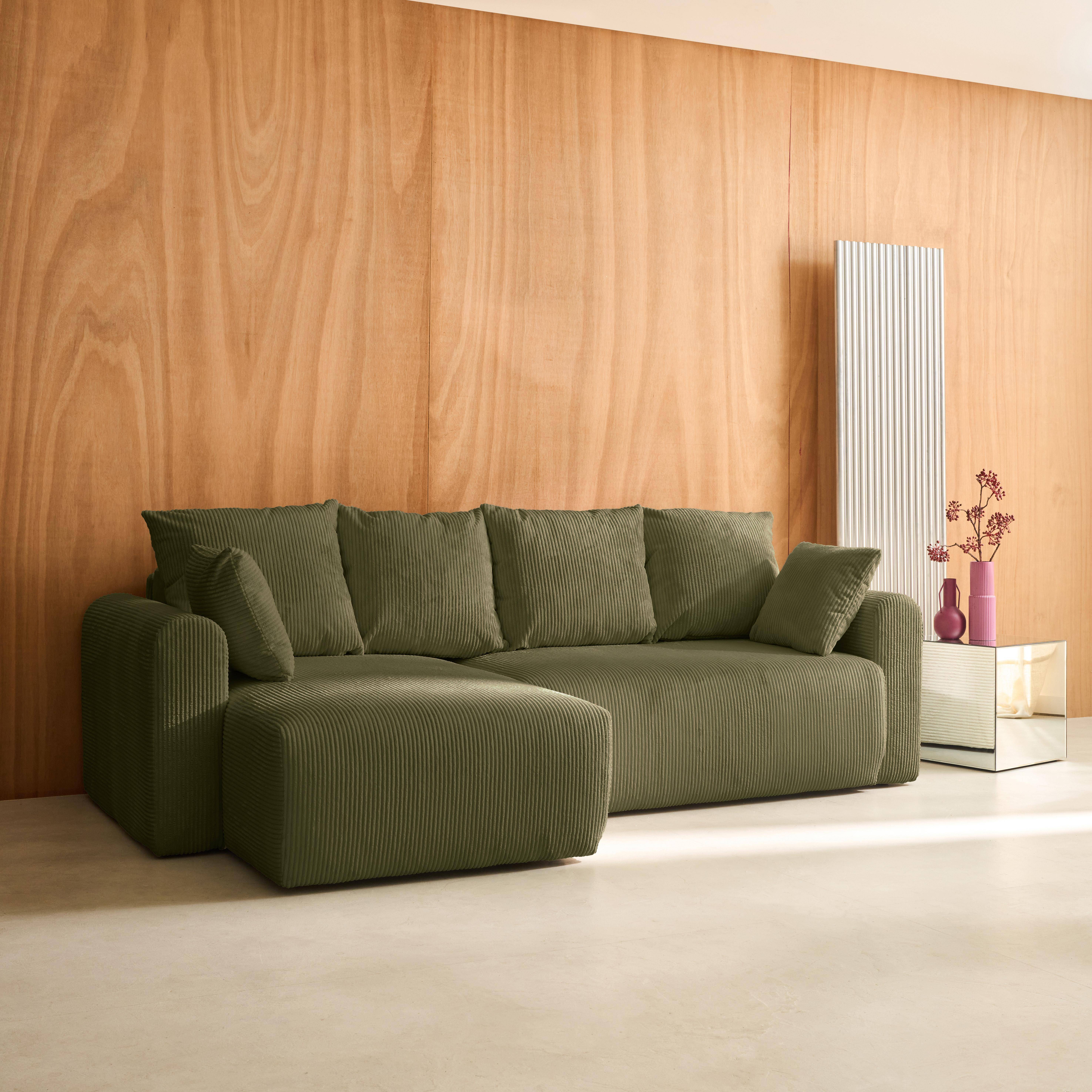 Narożna, odwracalna kanapa 3-osobowa z funkcją spania, ze sztruksu w kolorze khaki, z pojemnikiem na pościel – Almo Photo2