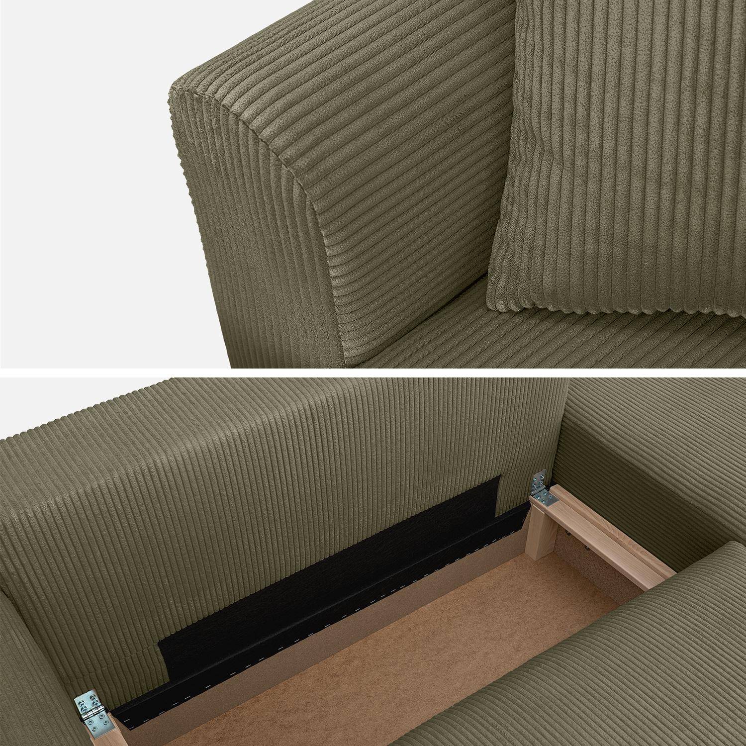 Sofá esquinero convertible reversible de 3 plazas de pana fina, Almo, Verde kaki, 240x147x85 cm,sweeek,Photo6