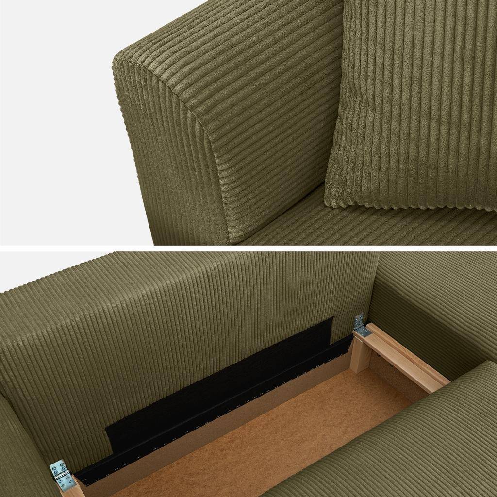 Canapé d'angle convertible réversible 3 places velours côtelé kaki avec coffre de rangement - Almo Photo12