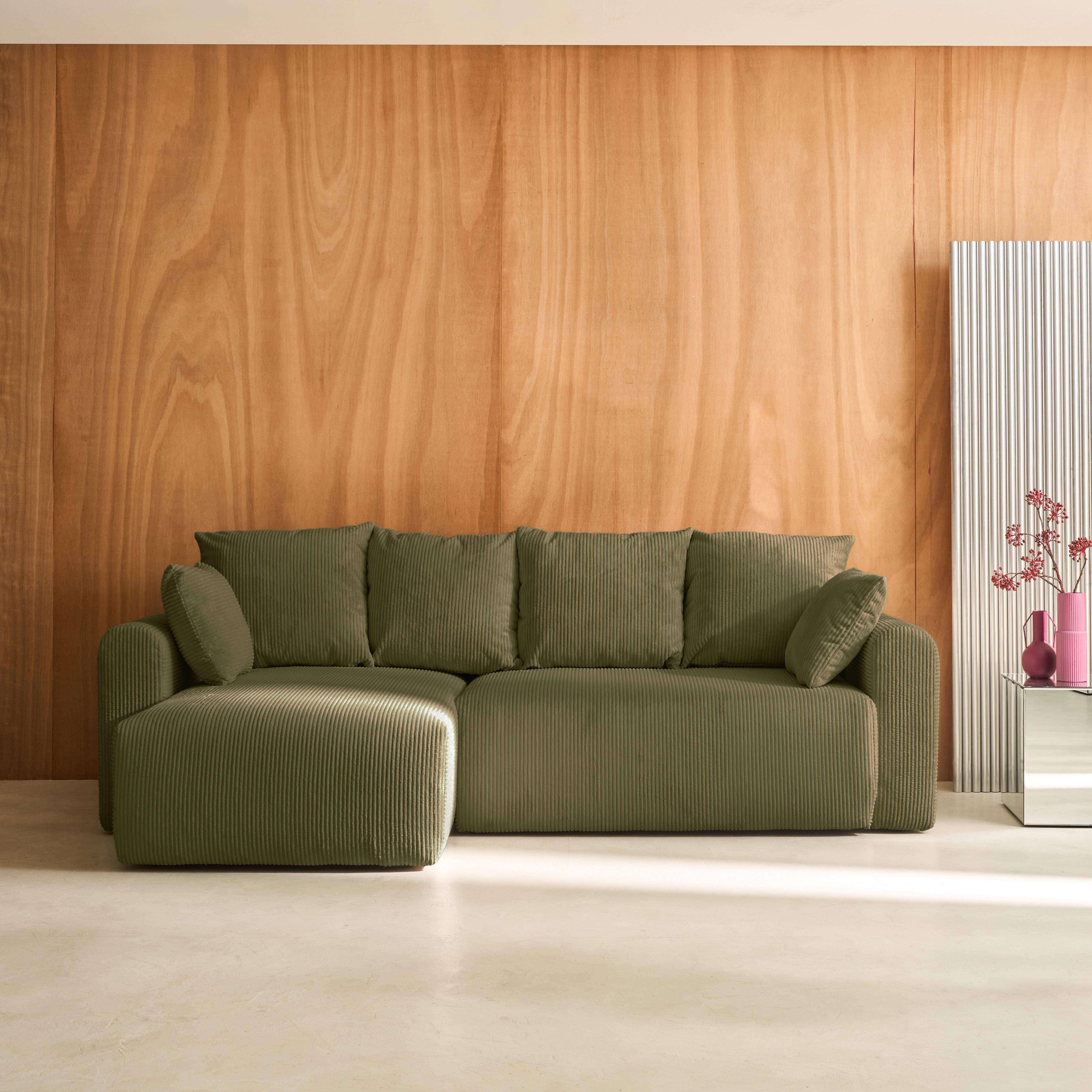 Narożna, odwracalna kanapa 3-osobowa z funkcją spania, ze sztruksu w kolorze khaki, z pojemnikiem na pościel – Almo,sweeek,Photo1