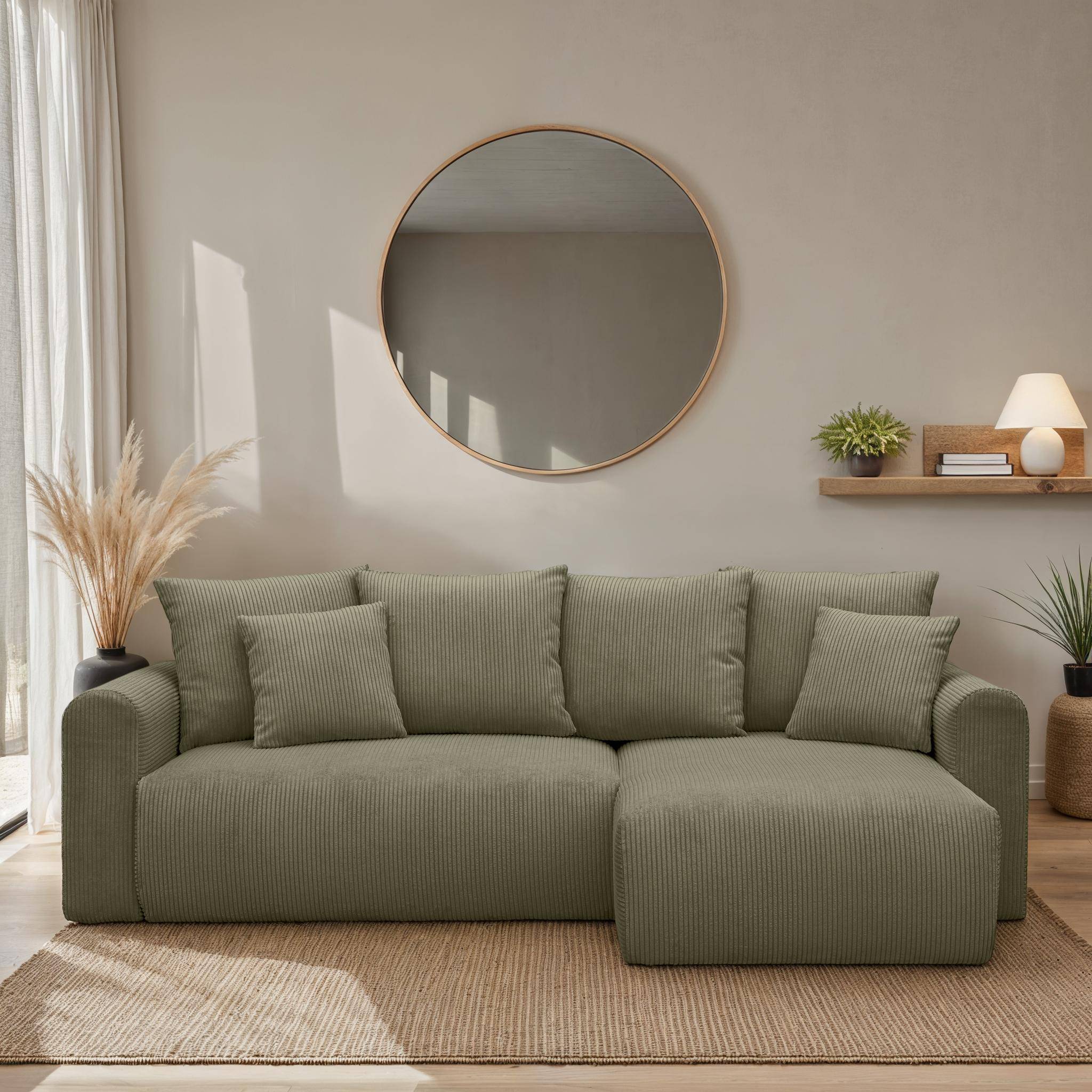 Sofá esquinero convertible reversible de 3 plazas de pana fina, Almo, Verde kaki, 240x147x85 cm,sweeek,Photo1