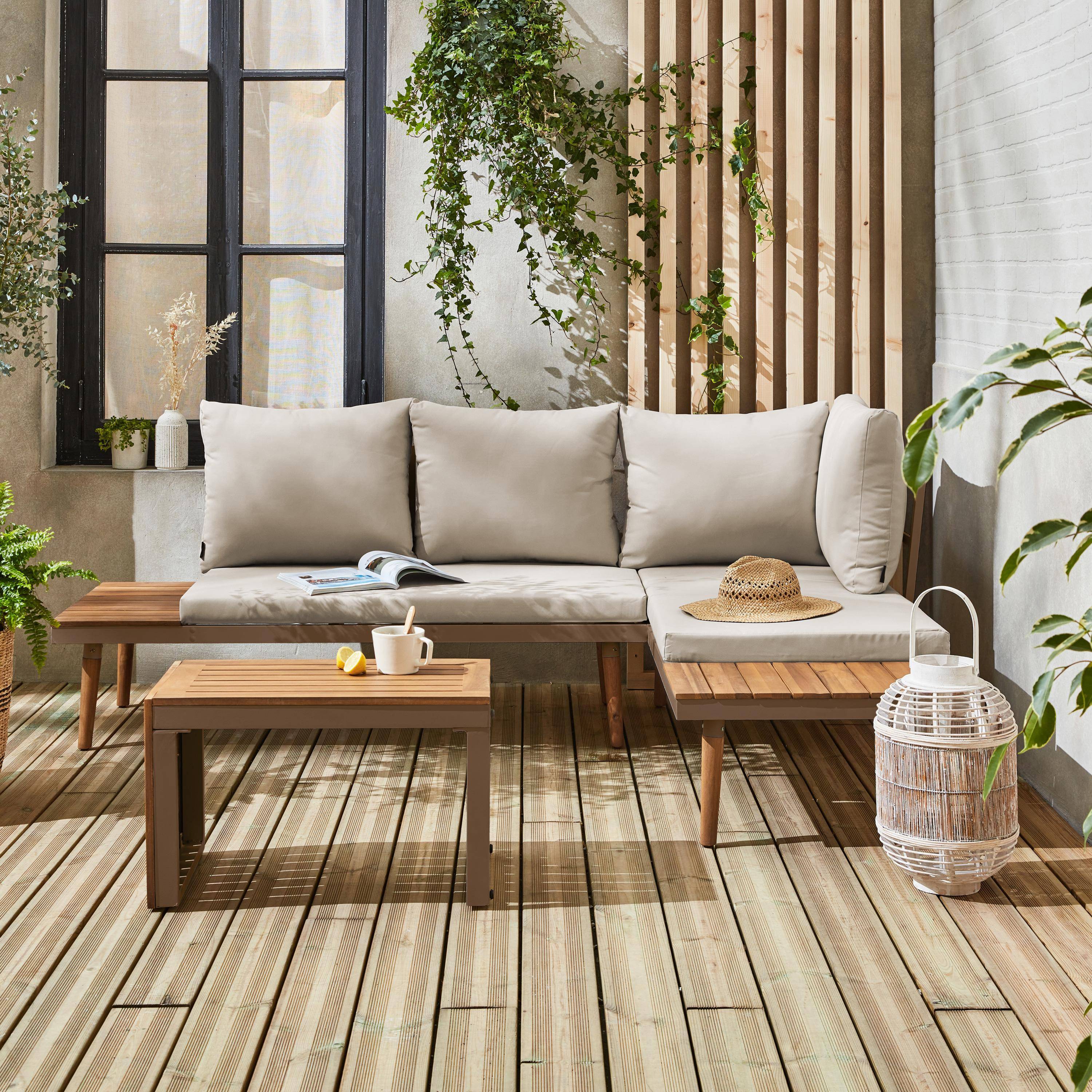 Salon de jardin marron, modulable en aluminium et bois d'acacia, 4 places, Sao Paulo, 140 x 68 x 65cm Photo2