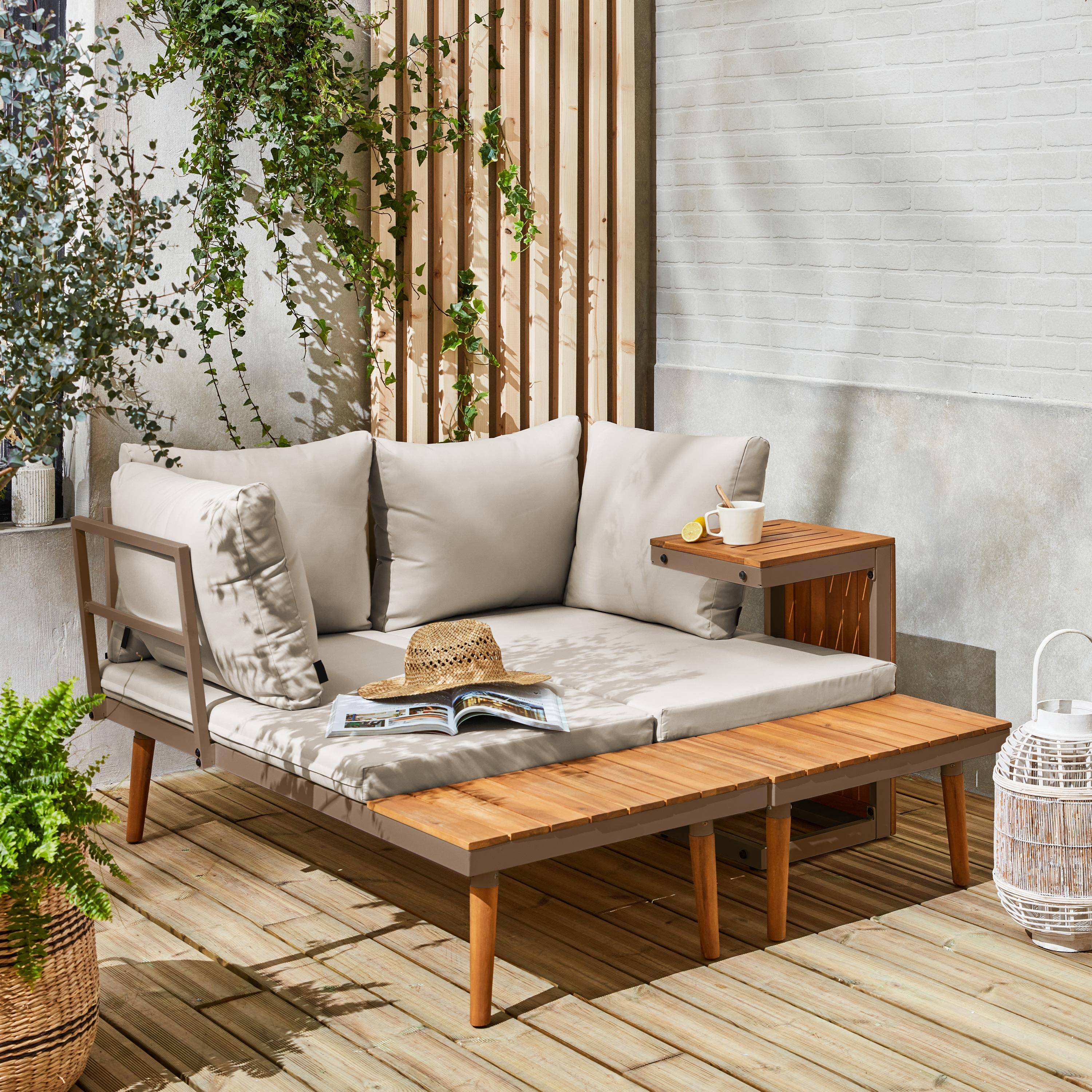 Salon de jardin marron, modulable en aluminium et bois d'acacia, 4 places, Sao Paulo, 140 x 68 x 65cm Photo4