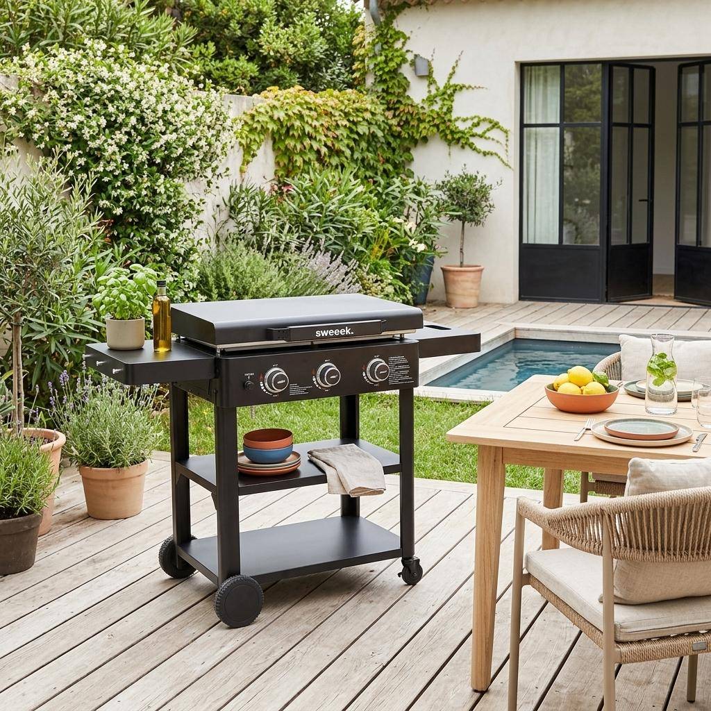 Plancha gaz 3 brûleurs acier inoxydable 12kW avec chariot noir - Raoul,sweeek,Photo1