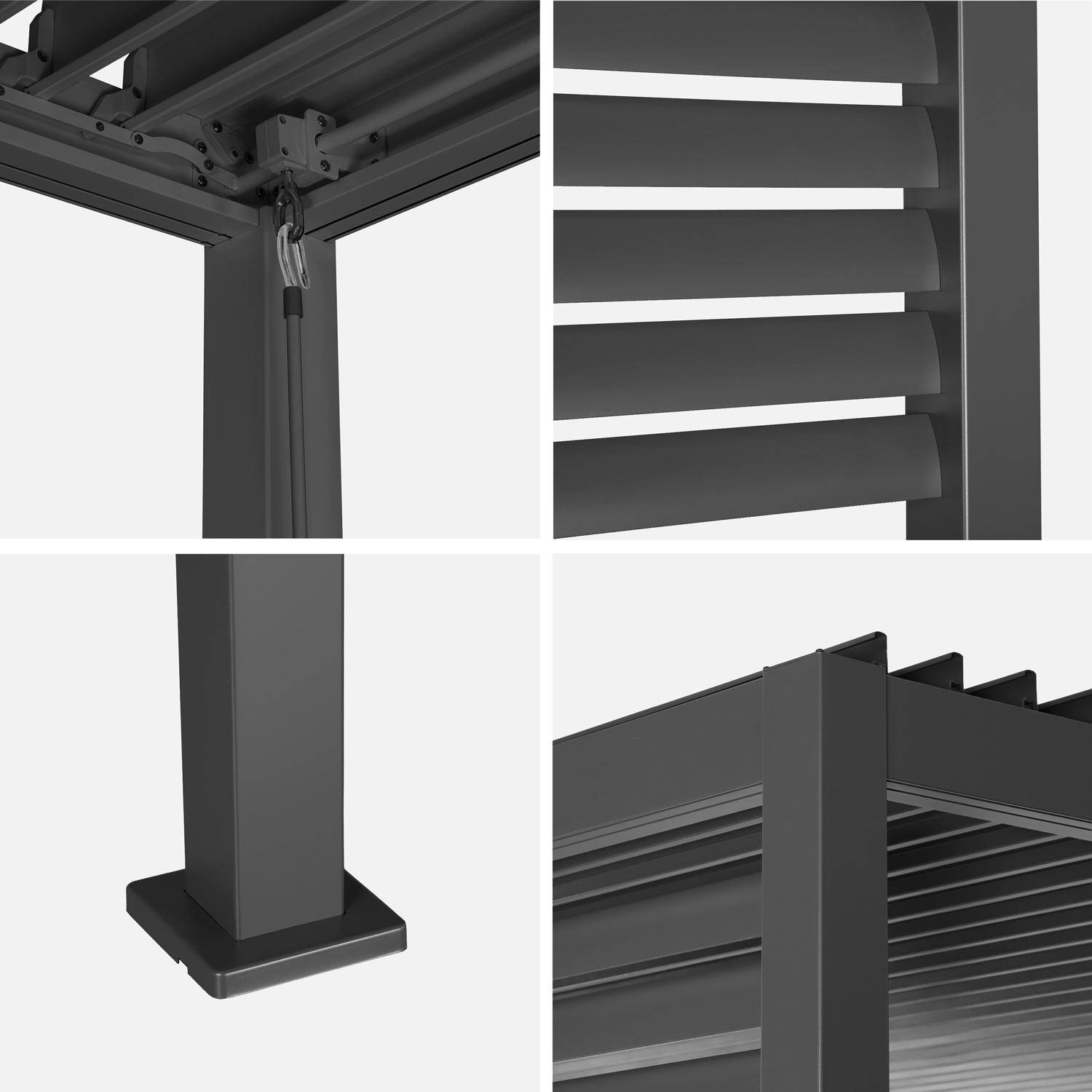 Pérgola bioclimática de aluminio y acero con lamas orientables y persiana integrada, 3,6x3,6m  Antracita - 306x306x224 cm,sweeek,Photo4