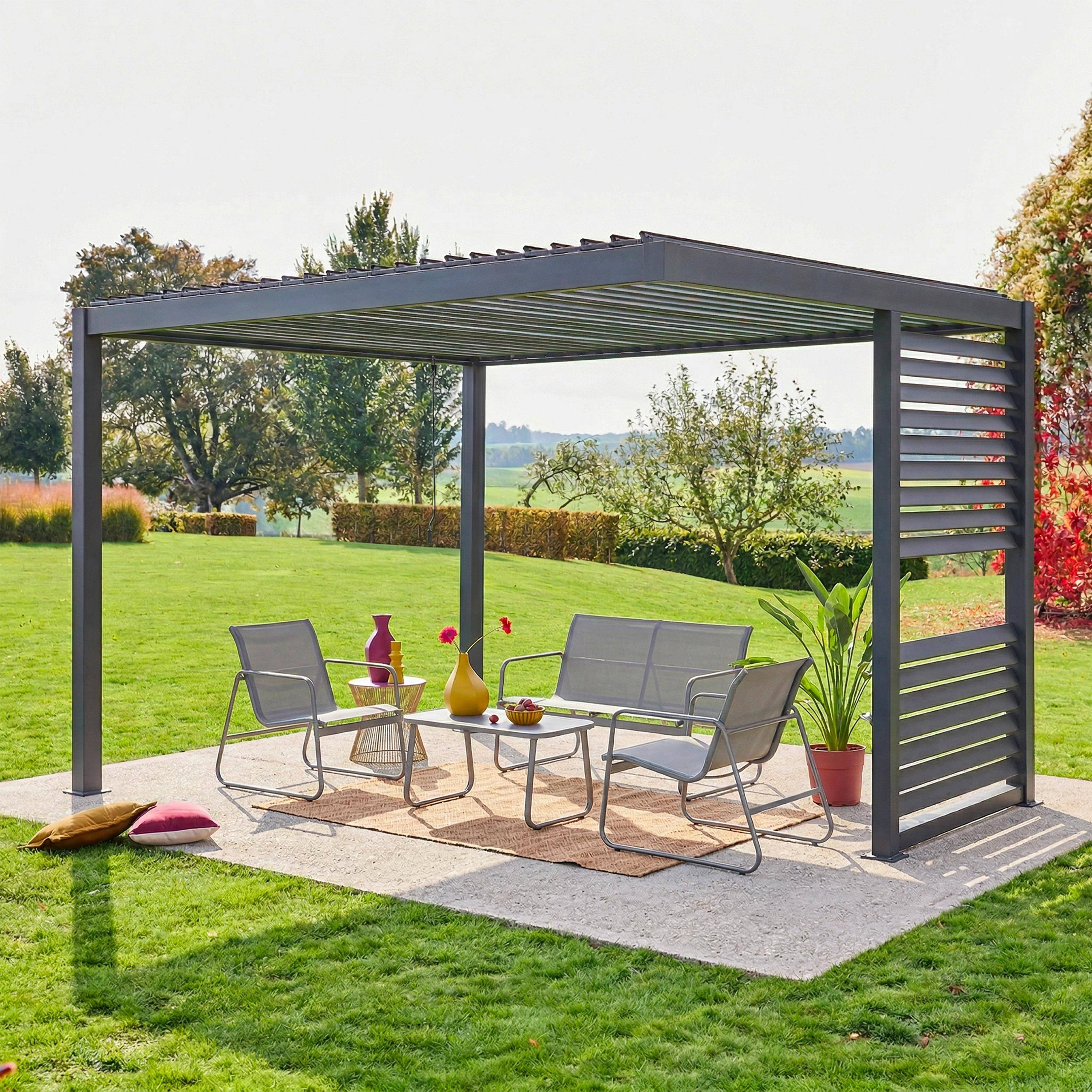 Pergola bioclimatica 3,5x3,5m in alluminio con lamelle orientabili + persiana Antracite - 306x306x224 cm Photo1