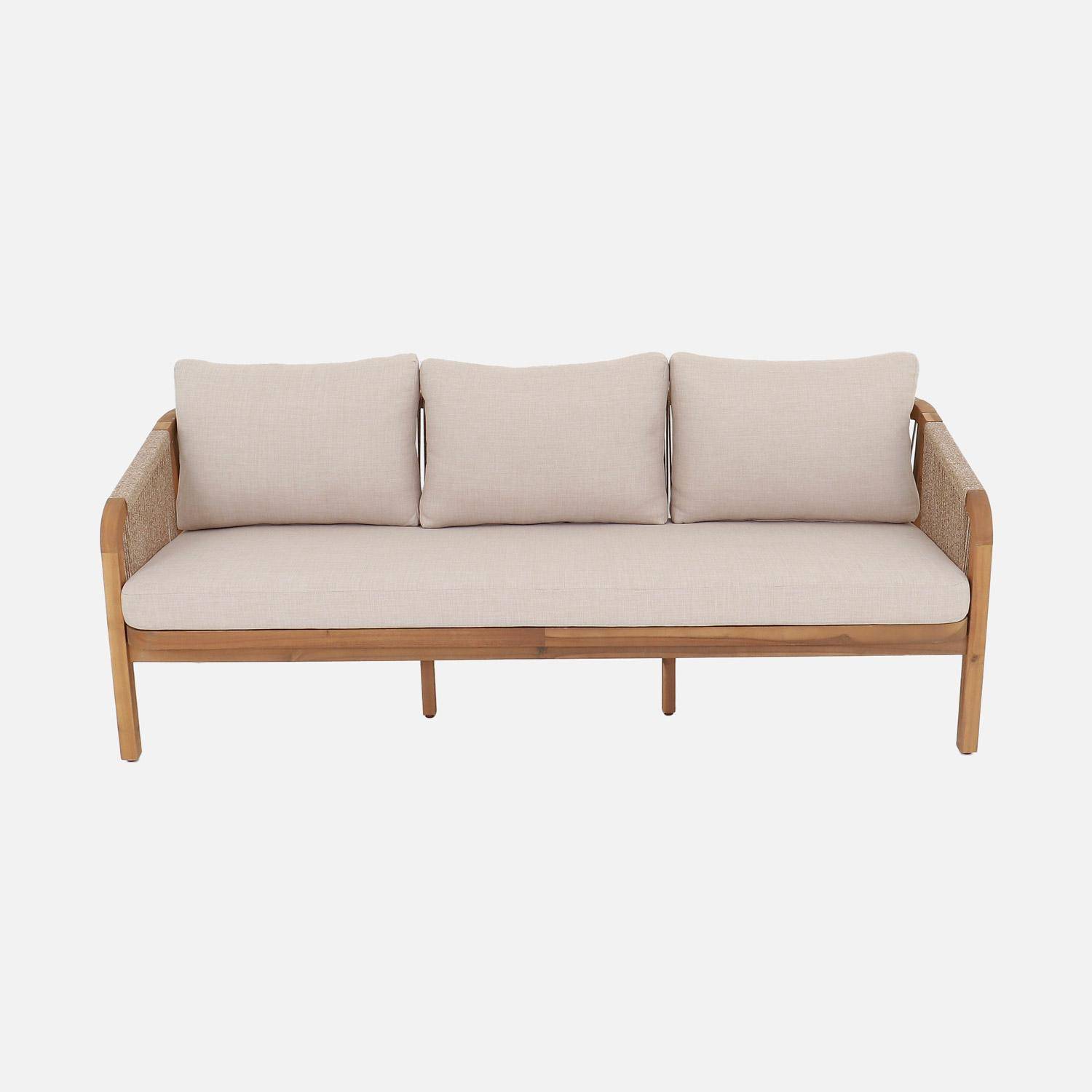 Canapé extérieur 3 places bois d'acacia  et cordes avec coussins en tissu beige - Parana Photo2