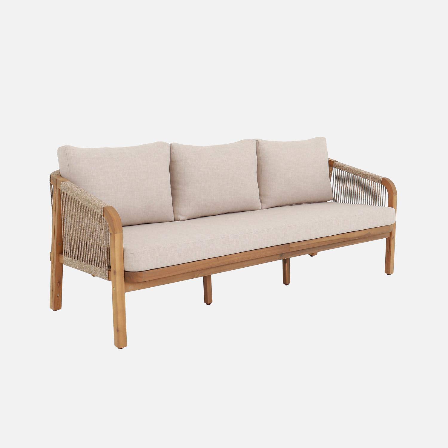 Acacia Wood 3-Seater Outdoor Sofa with Ropes and Fabric cushions, Parana, Beige, 188x78.5x68.5 cm Photo1