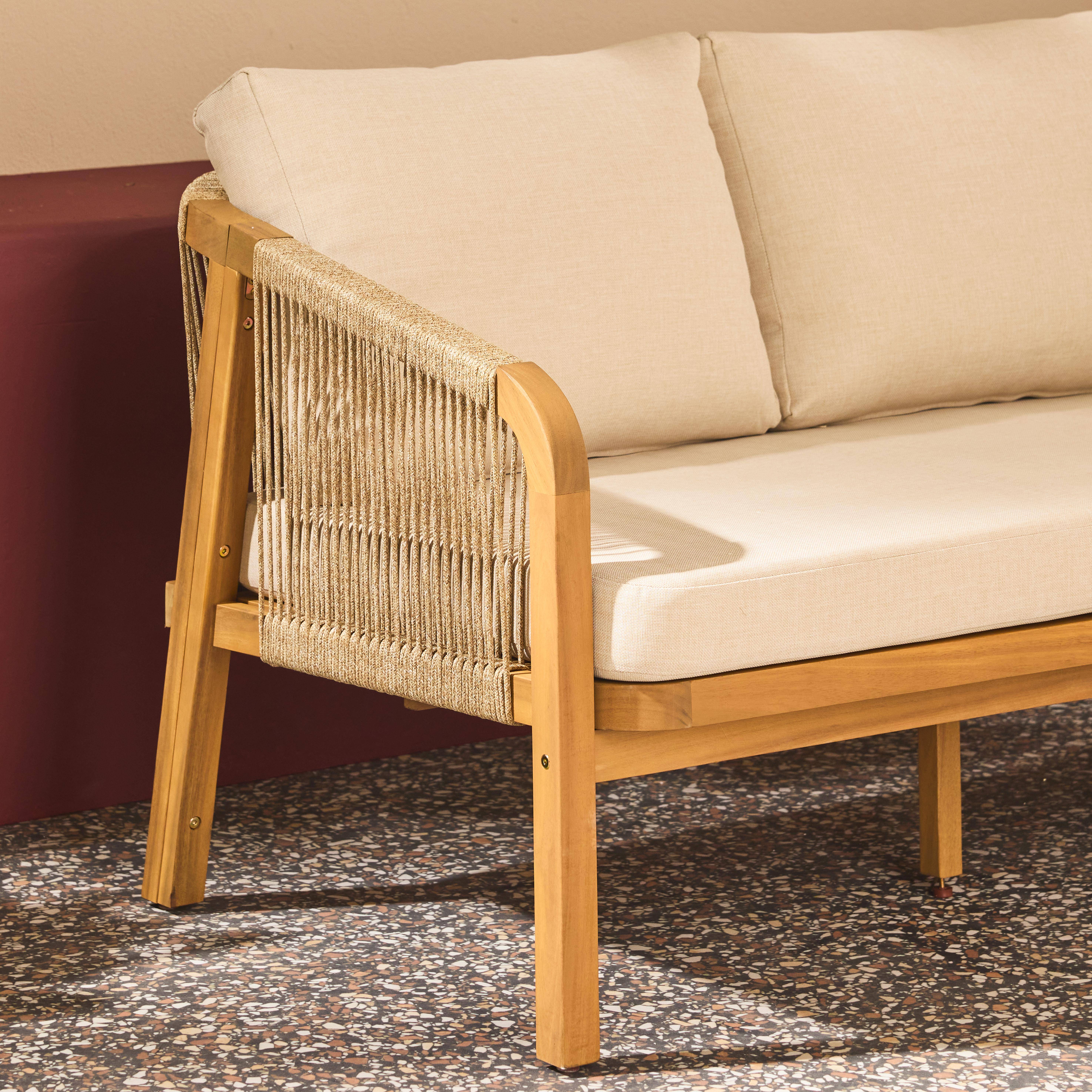 Acacia Wood 3-Seater Outdoor Sofa with Ropes and Fabric cushions Beige 188x78.5x68.5 cm - Parana,sweeek,Photo4