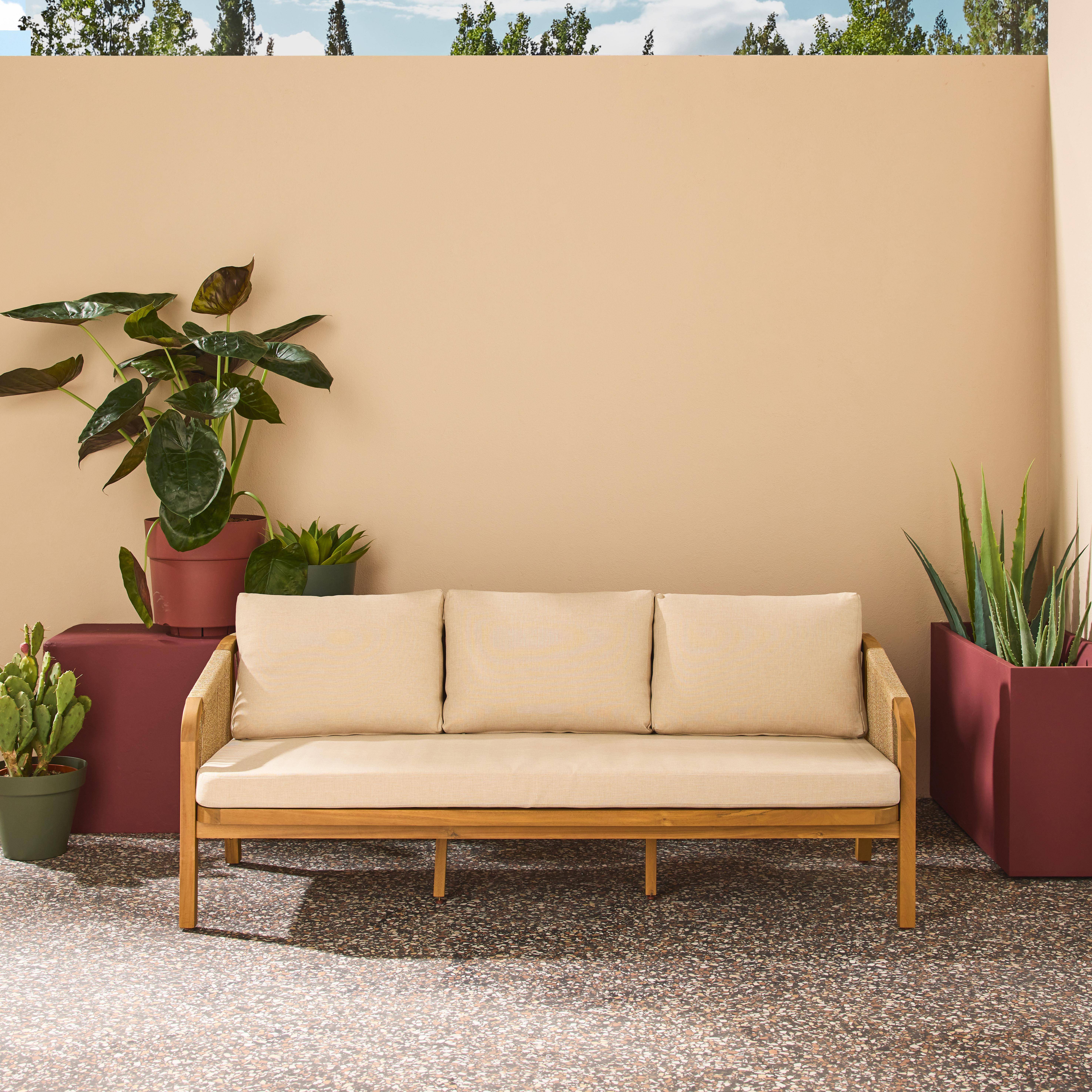 Acacia Wood 3-Seater Outdoor Sofa with Ropes and Fabric cushions Beige 188x78.5x68.5 cm - Parana Photo1