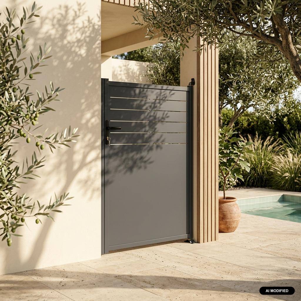 Portillon de jardin acier galvanisé anthracite avec serrure et poignée, fixation mur et sol - Axis Photo1