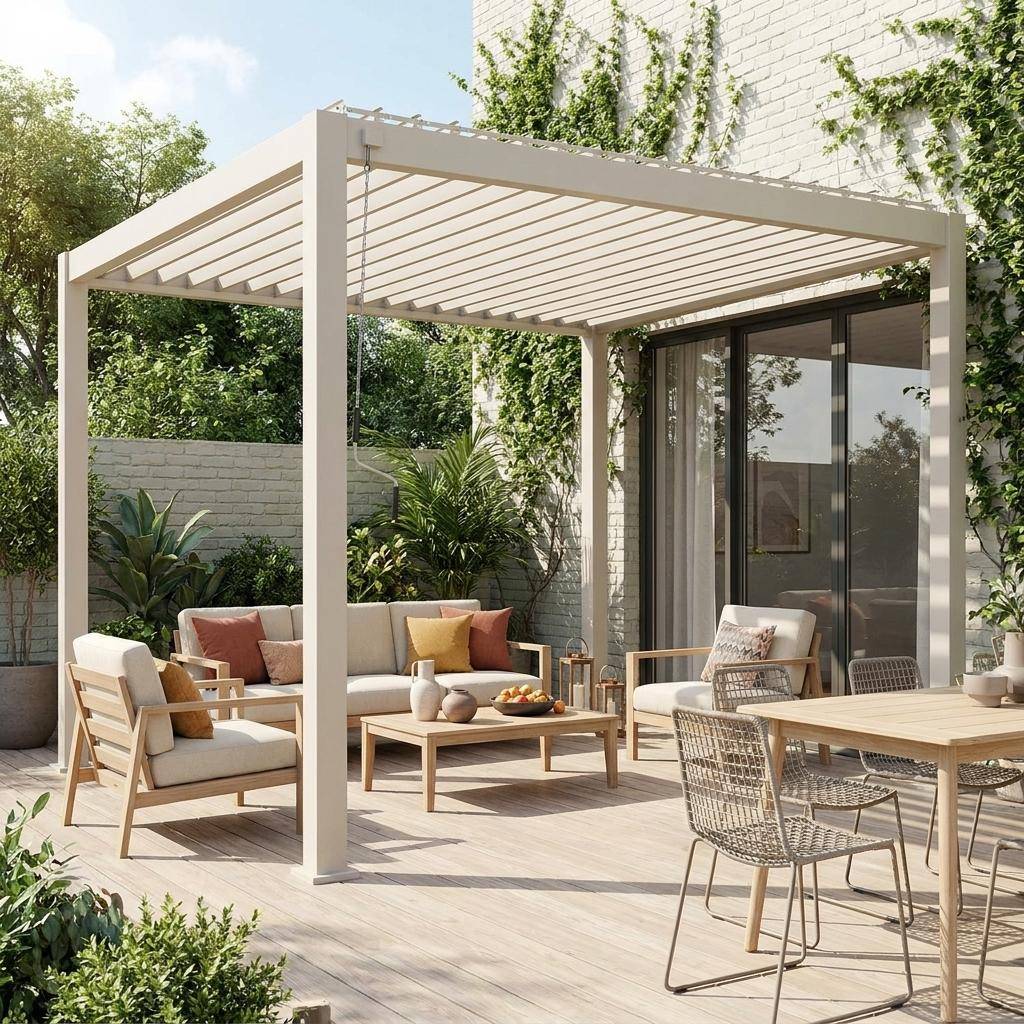 Pérgola bioclimática em alumínio 3x3m com lâminas ajustáveis Bege - 301x301x250 cm Photo1