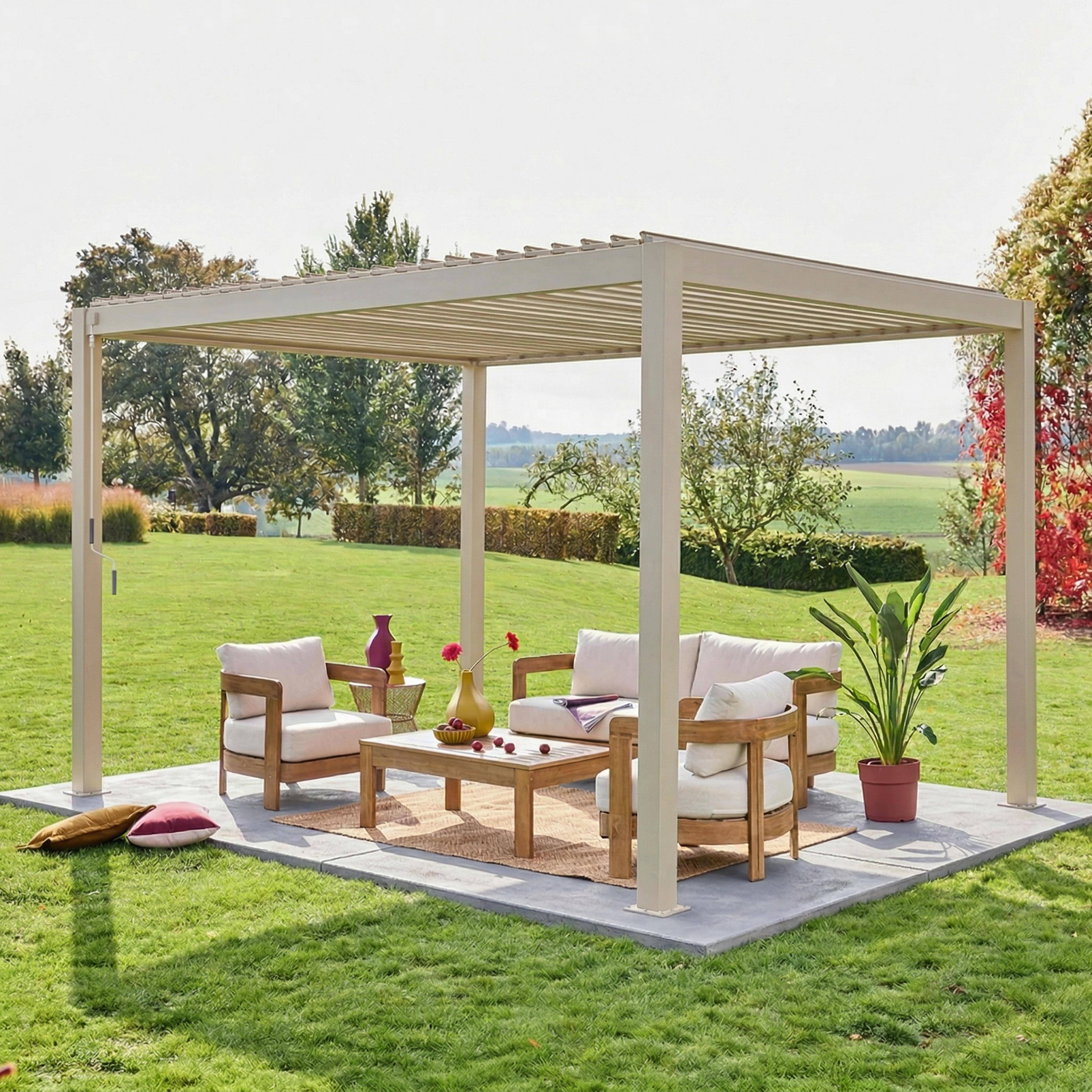 Pergola met lamellendak 4x3m aluminium lamellen verstelbaar beige 392 x 301 x 257 cm - Triomphe Photo1