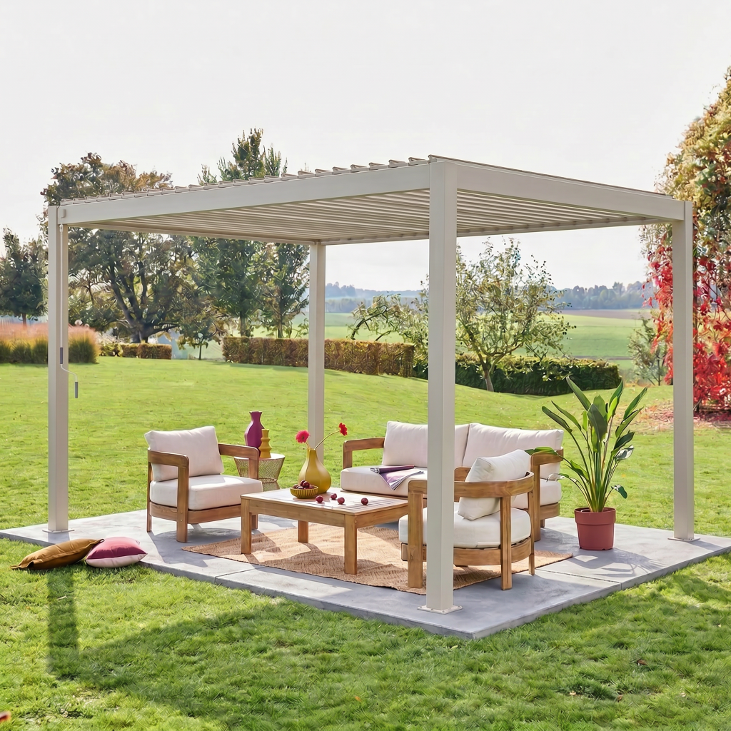 Beżowa pergola lamelowa – Triomphe – 3x4m, aluminium, z regulowanymi lamelami,sweeek,Photo1