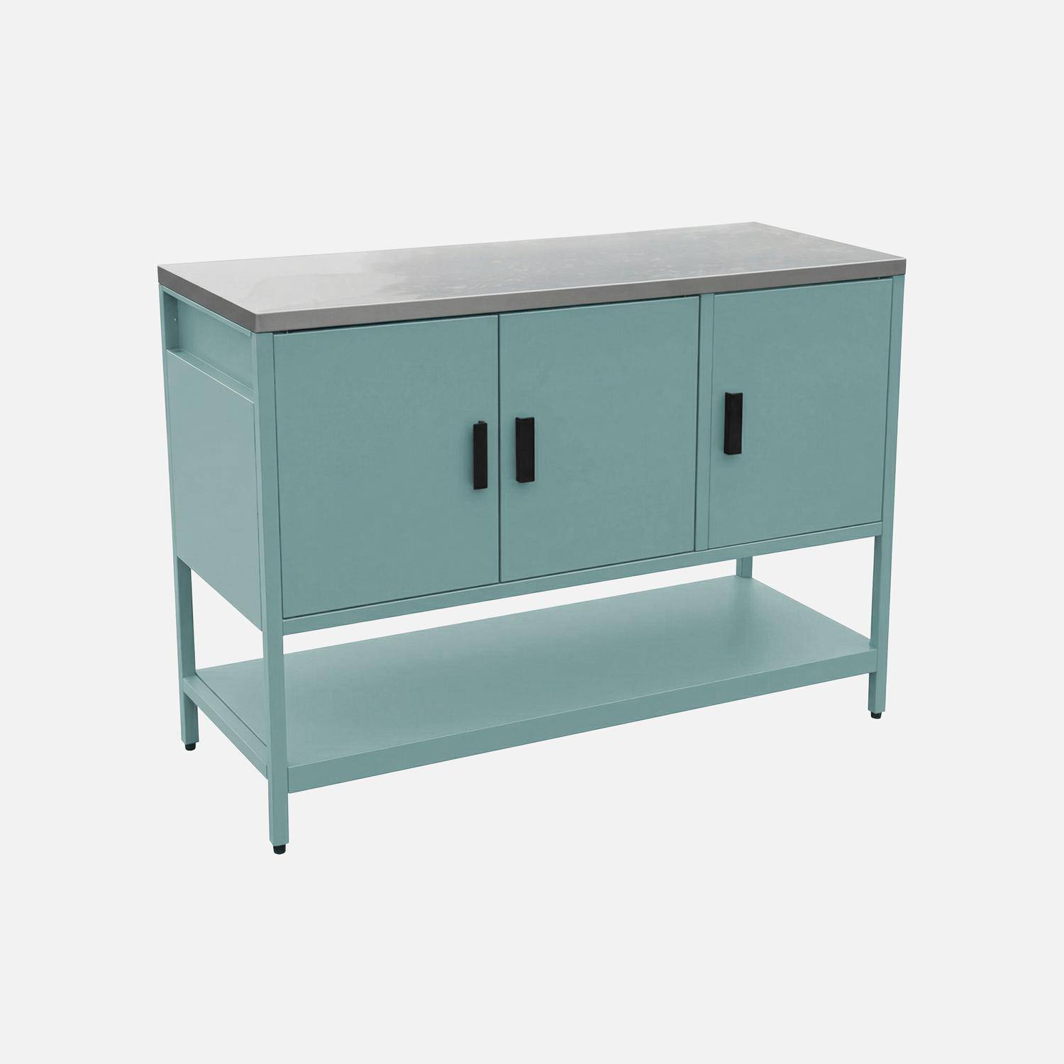 Cuisine d'extérieure en acier bleu gris 3 portes,1 étagère L120cm,sweeek,Photo1