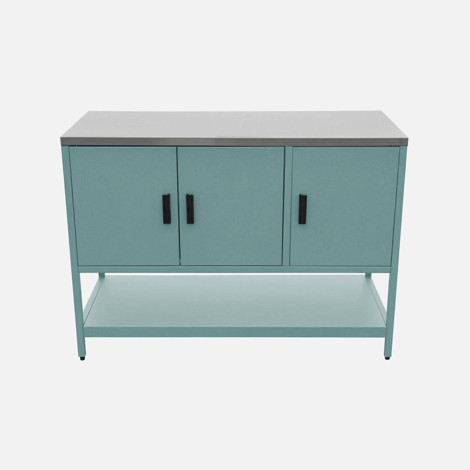 Cuisine d'extérieure en acier bleu gris 3 portes,1 étagère L120cm Photo2