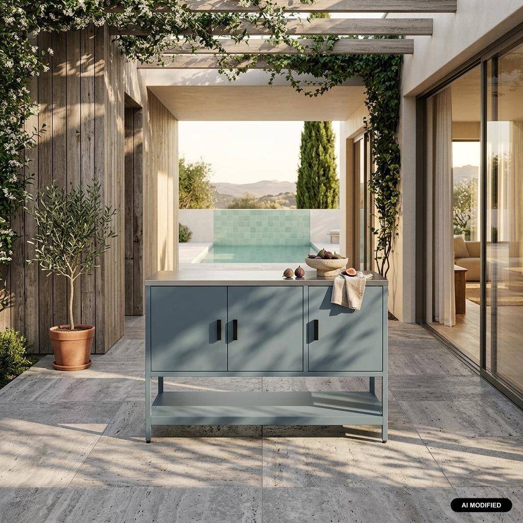 Buitenkeukenmodule met plank en 3 deuren staal grijsblauw 120x51x87,5 cm - Naxos Photo1