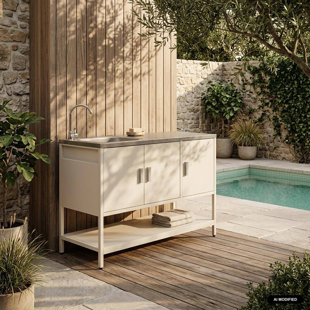 Buitenkeukenmodule met gootsteen plank en 3 deuren staal beige 120x51x112,5 cm - Naxos,sweeek,Photo1