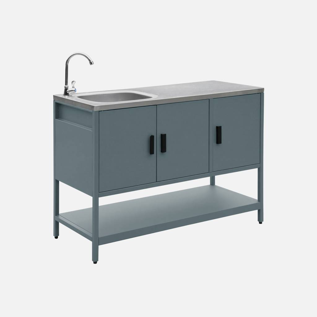 Cocina exterior de acero con lavabo, 120cm, Azul gris