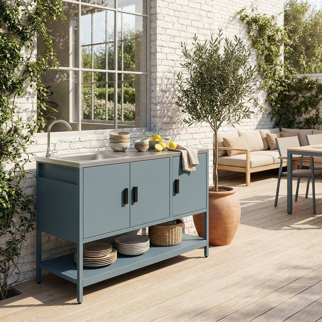 Buitenkeukenmodule met gootsteen 3 deuren en 1 plank staal grijsblauw 120x51x112,5 cm - Naxos,sweeek,Photo1