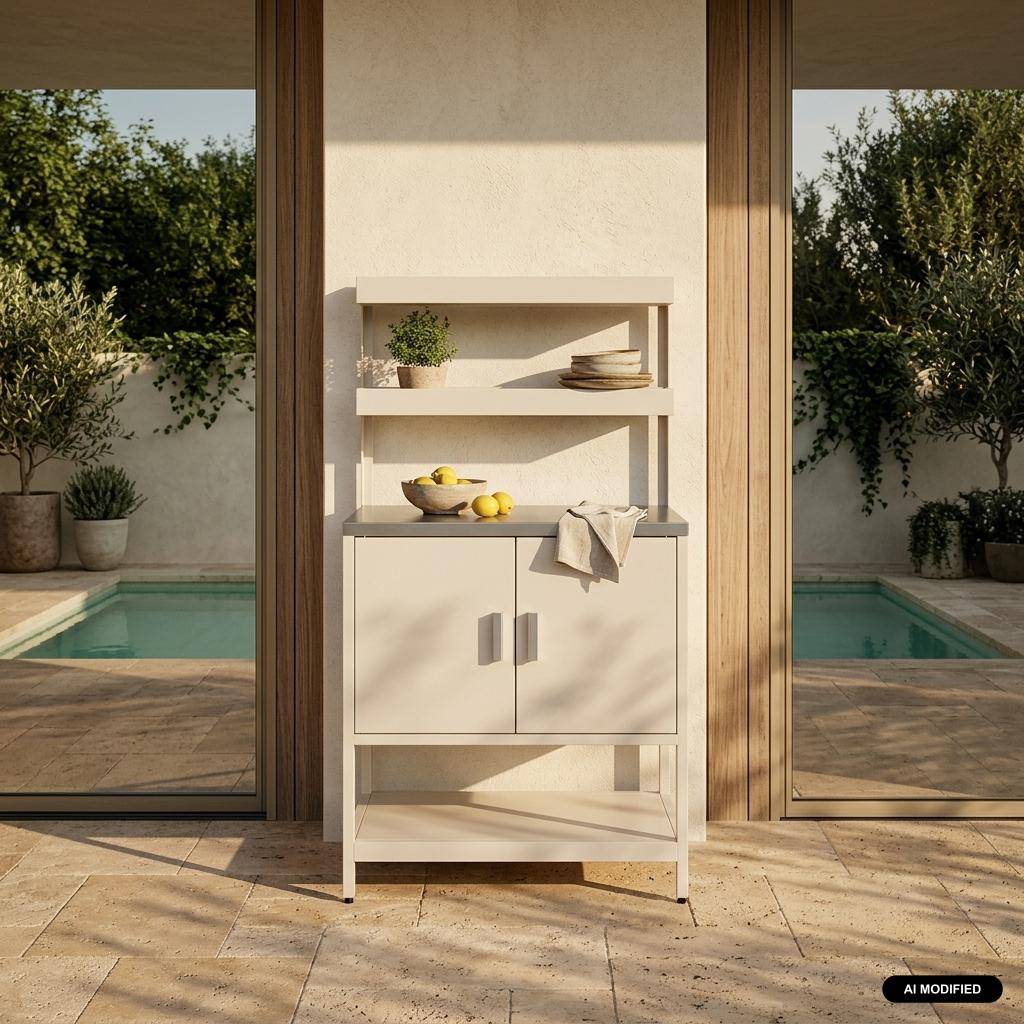 Buitenkeukenmodule met 2 deuren en 2 hangende planken staal beige 80x51x142cm - Naxos Photo1