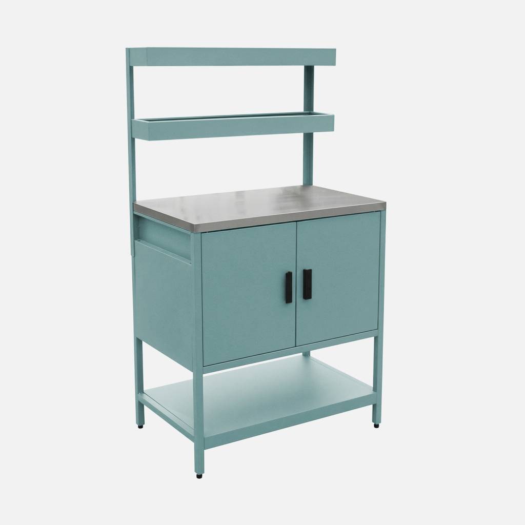 Cuisine d'extérieure en acier bleu gris avec 2 étagères