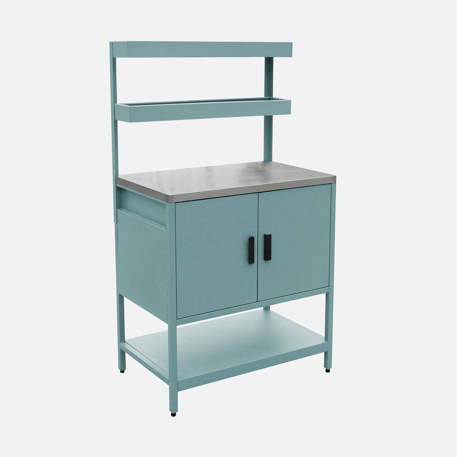 Cuisine d'extérieure en acier bleu gris avec 2 étagères suspendues et 2 portes L80cm,sweeek,Photo1