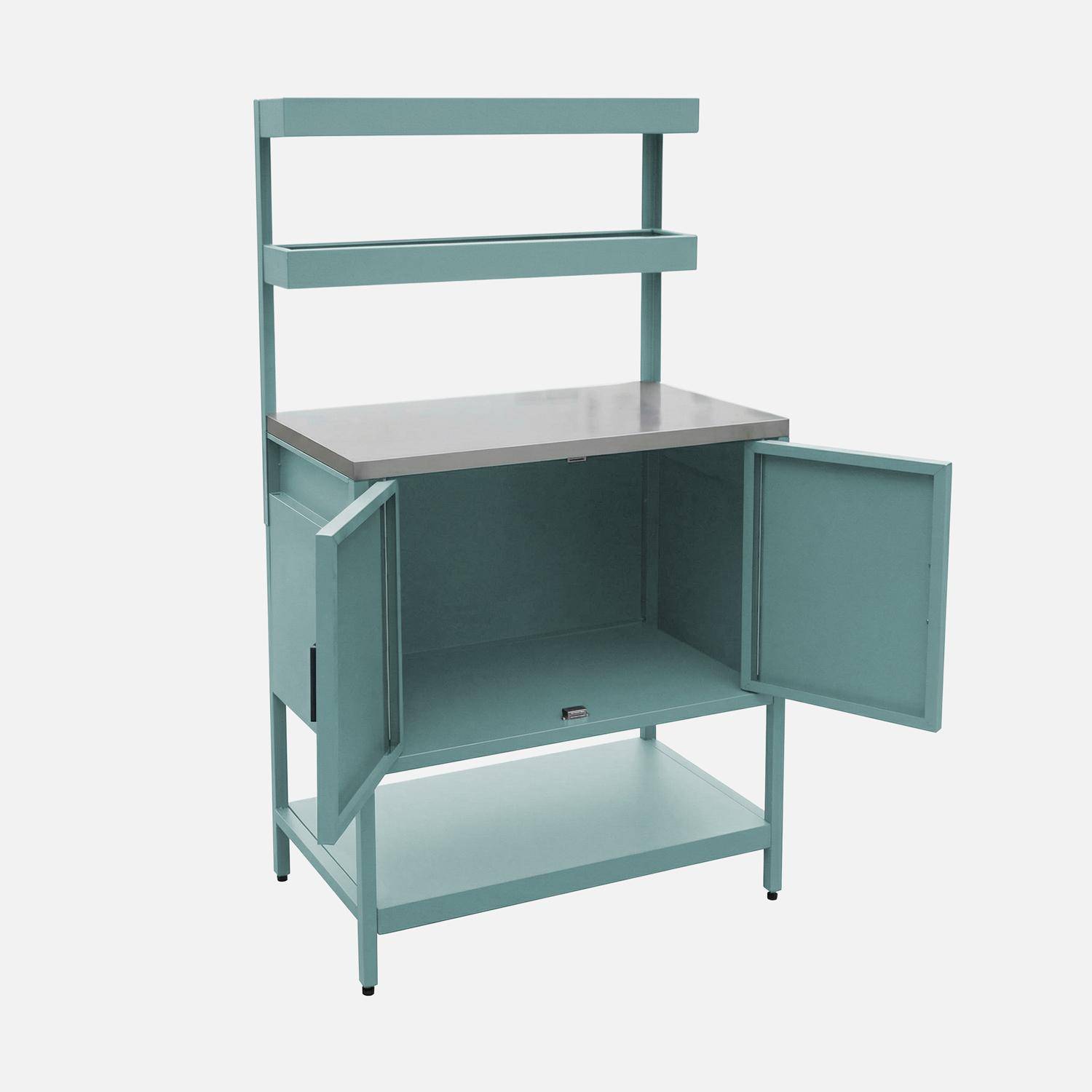 Cuisine d'extérieure en acier bleu gris avec 2 étagères suspendues et 2 portes L80cm Photo3