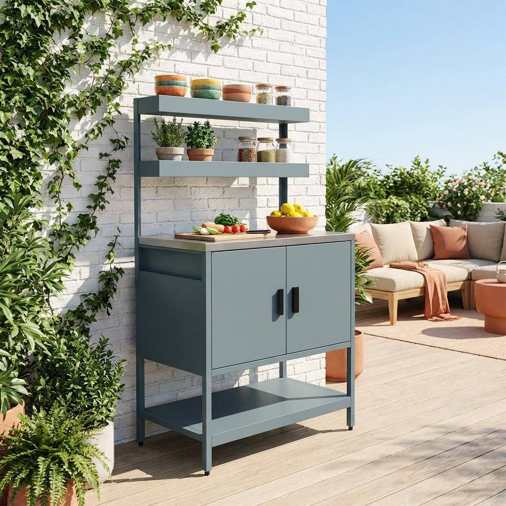 Buitenkeukenmodule met 2 hangende planken en 2 deuren staal grijsblauw 80x51x142cm - Naxos Photo1