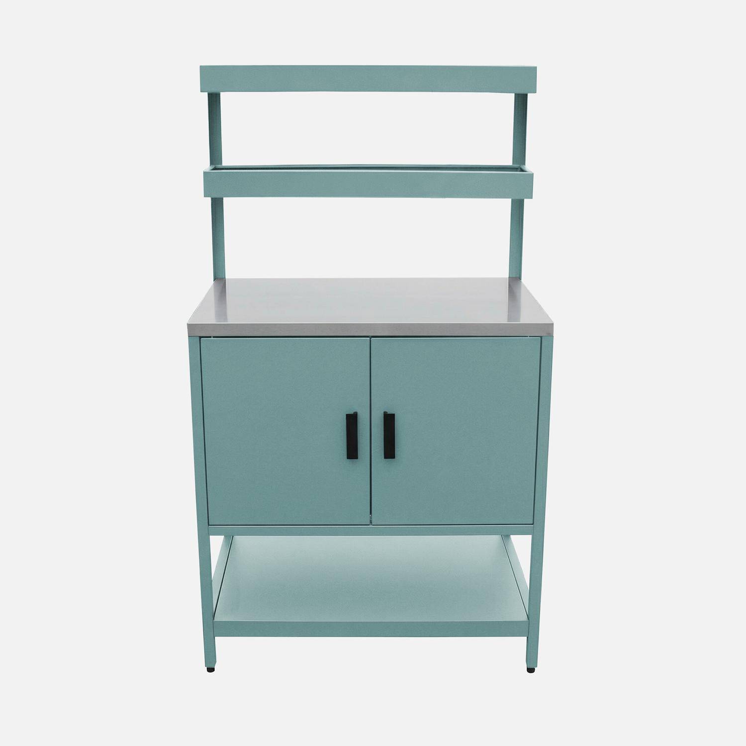 Cuisine d'extérieure en acier bleu gris avec 2 étagères suspendues et 2 portes L80cm Photo2