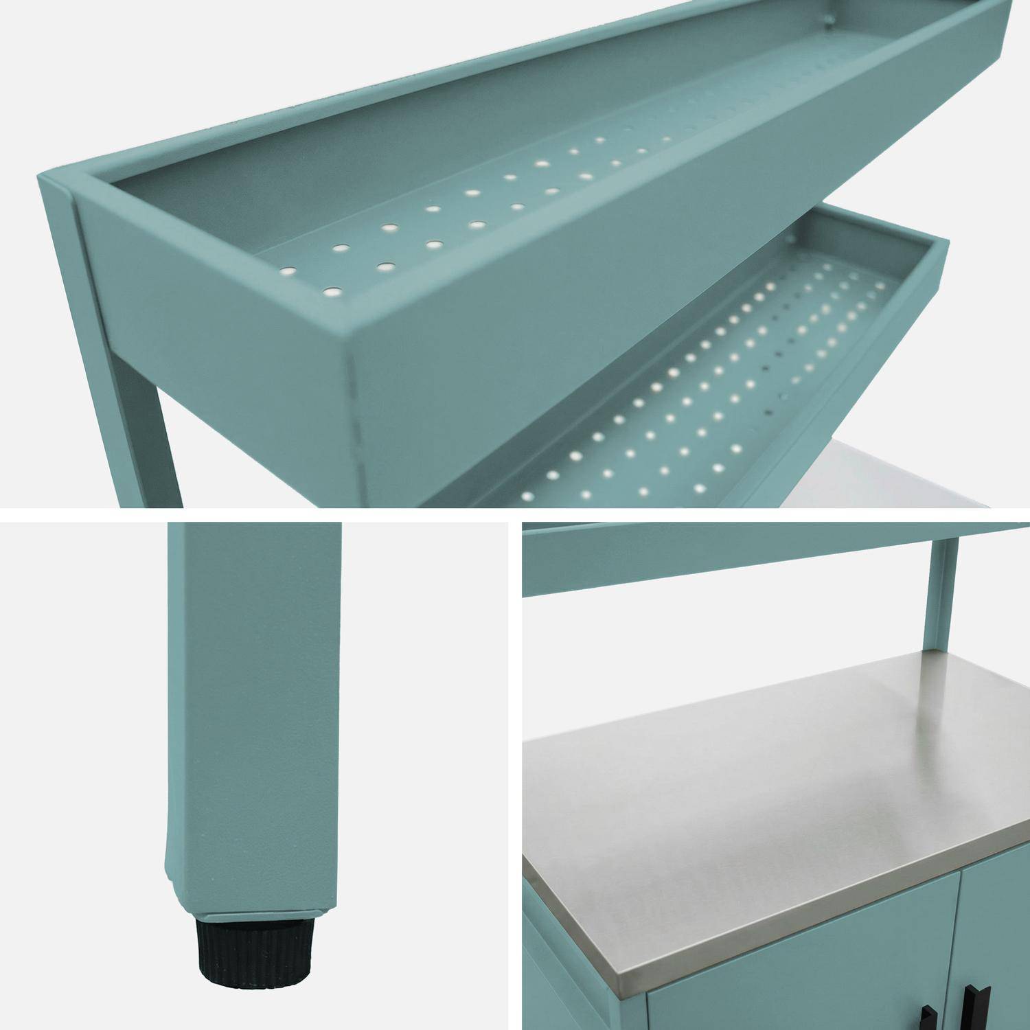 Cuisine d'extérieure en acier bleu gris avec 2 étagères suspendues et 2 portes L80cm Photo4