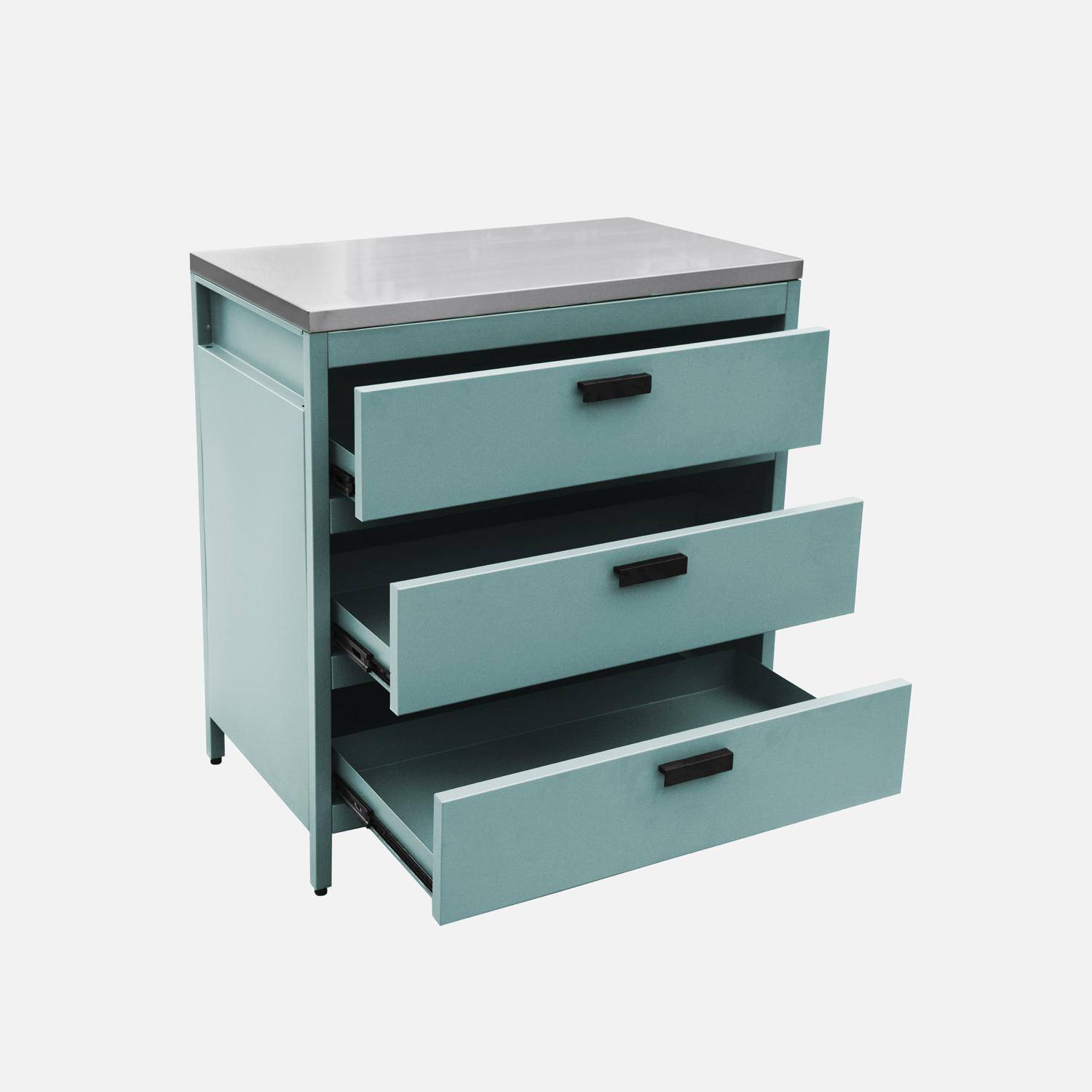 Cuisine d'extérieure en acier bleu gris avec 3 tiroirs L80cm Photo3