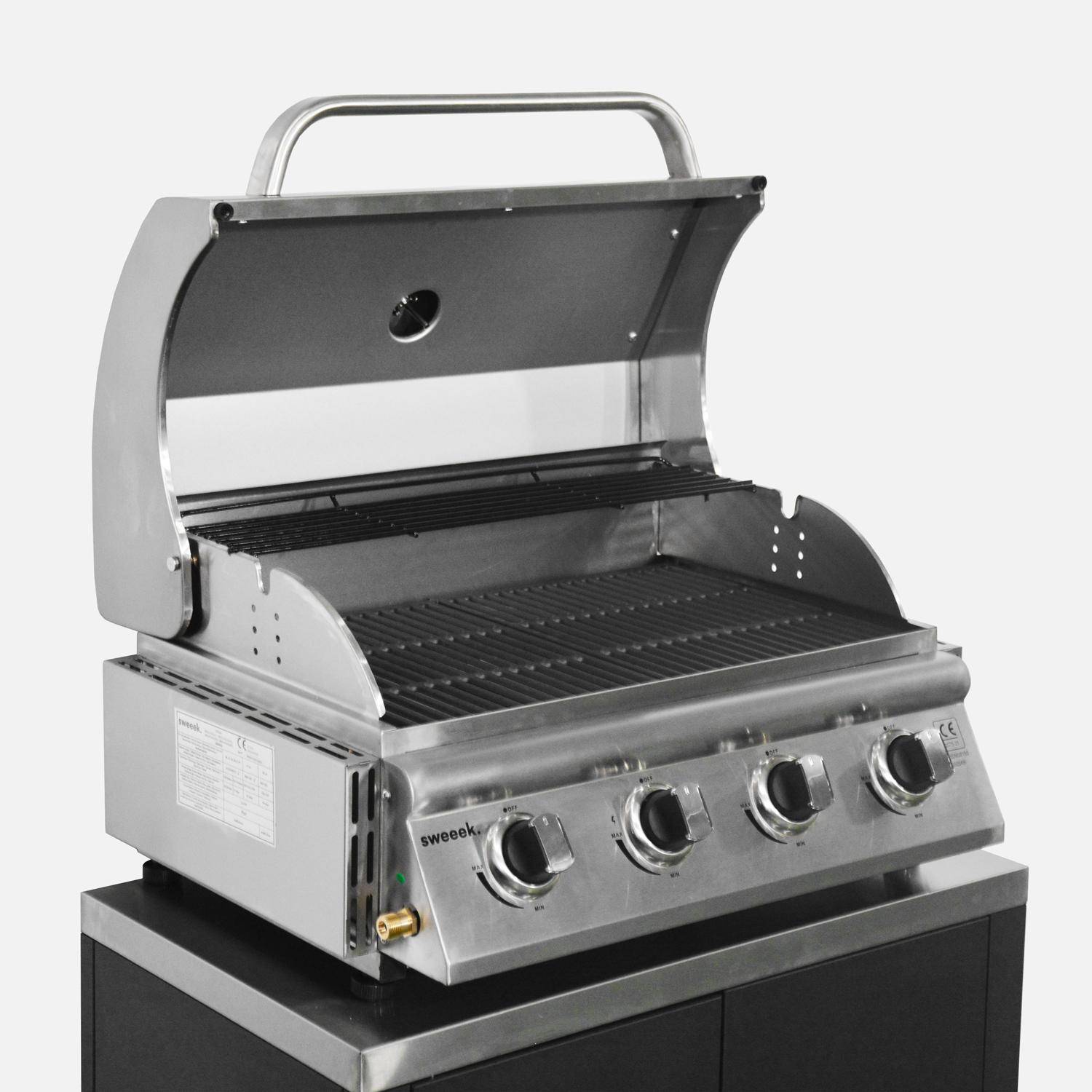 Gasgrill mit 4 Brennern zum Stellen auf einen Unterschrank, mit Fettauffangschale silberfarben - Grimaud,sweeek,Photo3