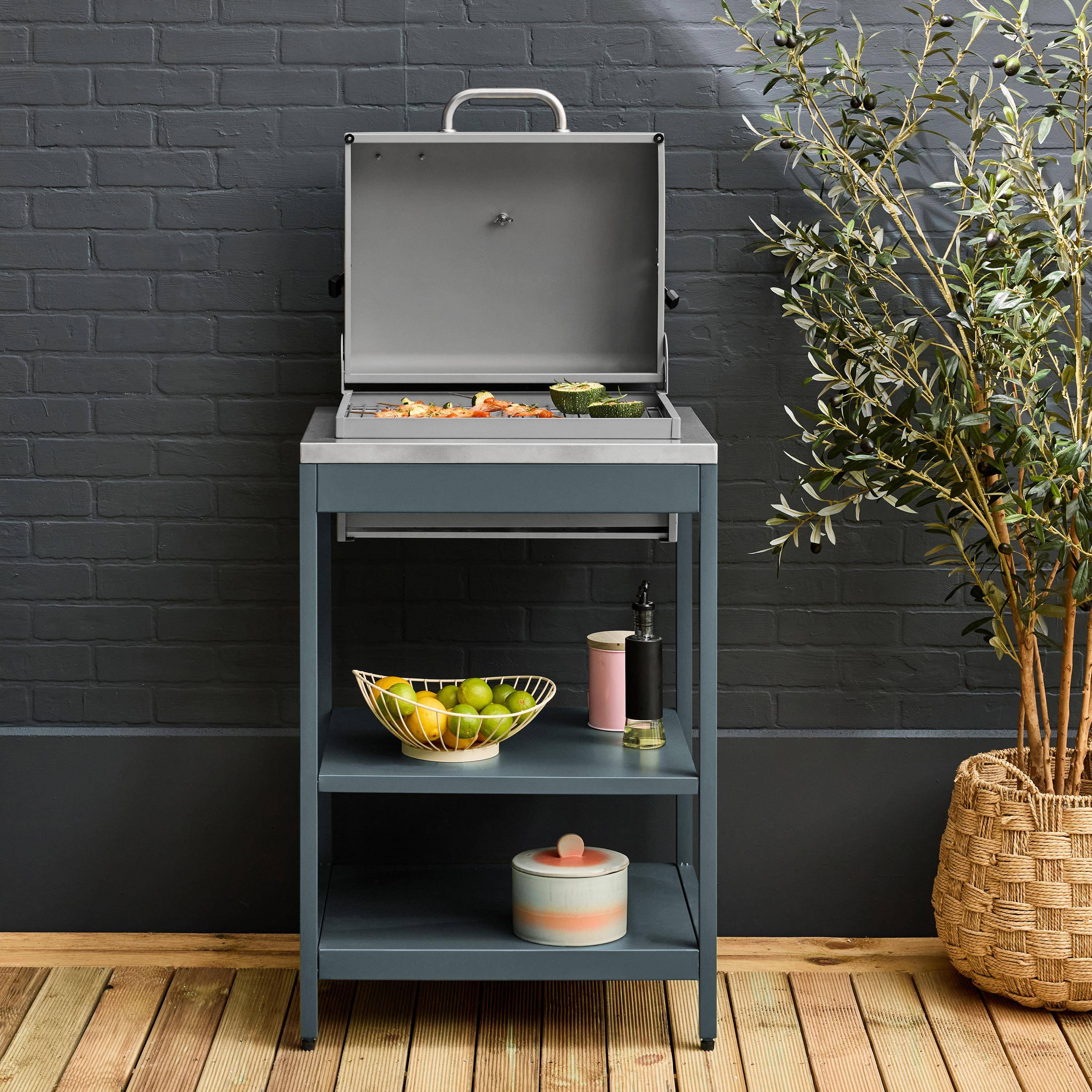 Mobile e barbecue a carbone in acciaio inossidabile con griglia cromata Blu grigio - 60x52x108 cm Photo2