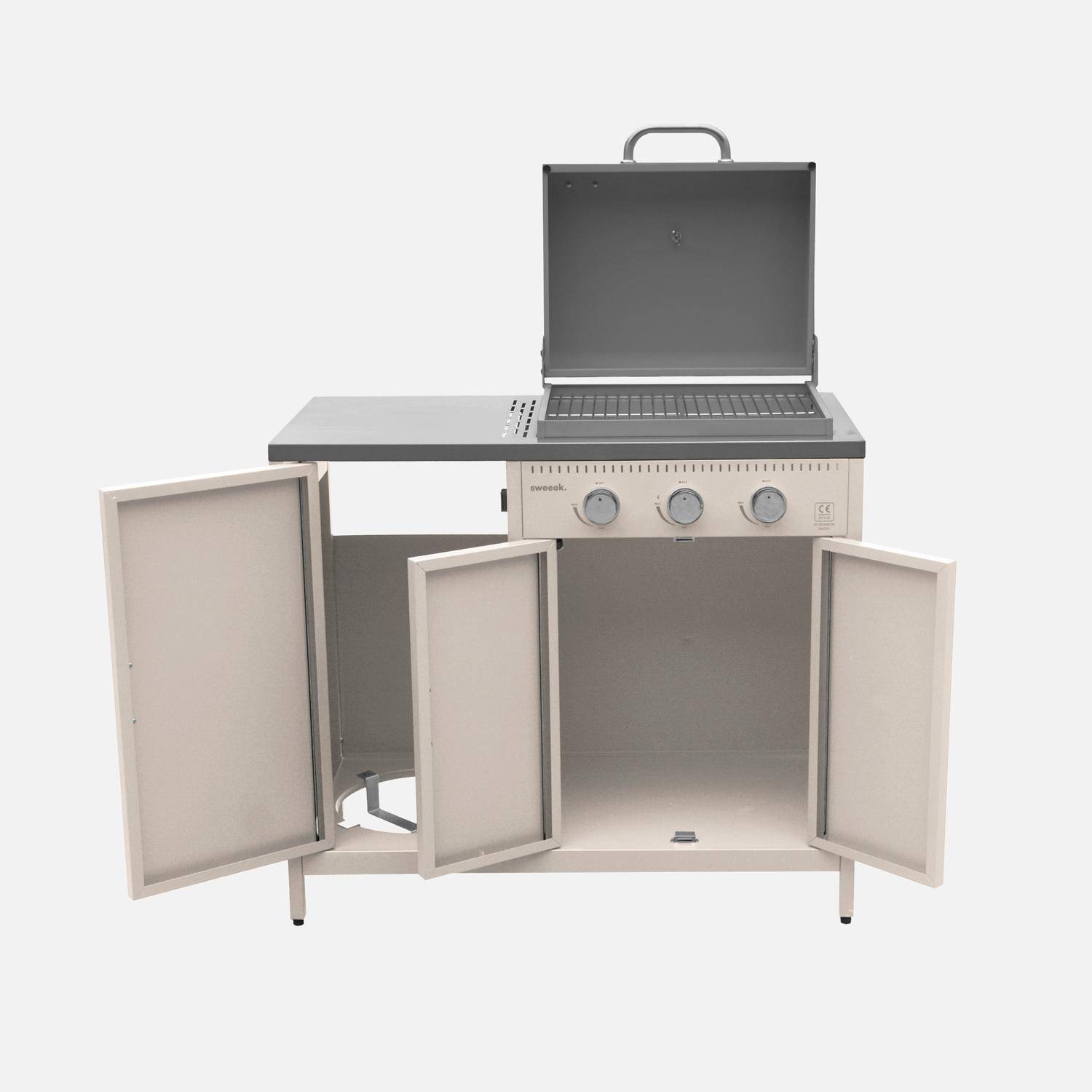 Barbacoa de gas con 3 quemadores, 3 puertas y termómetro Beige - 100x51x87.5 cm Photo7