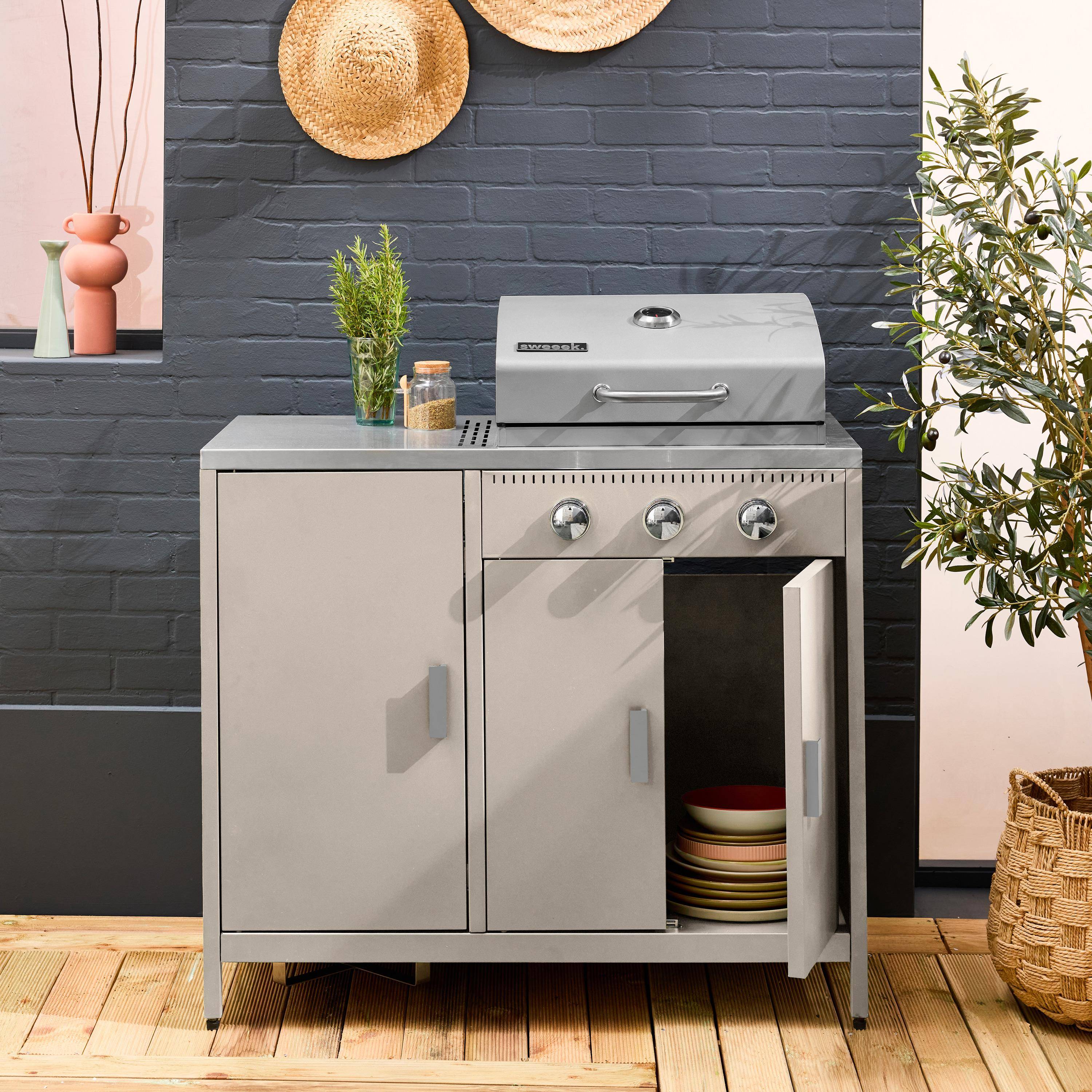 Barbacoa de gas con 3 quemadores, 3 puertas y termómetro Beige - 100x51x87.5 cm Photo1