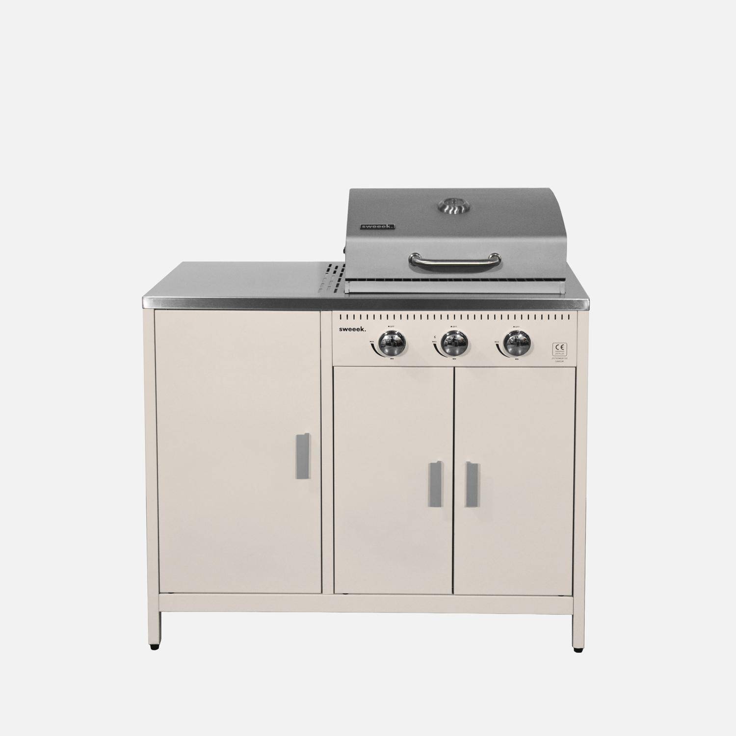 Barbecue gaz 3 brûleurs, beige, 3 portes et 2 espaces de rangement Photo3