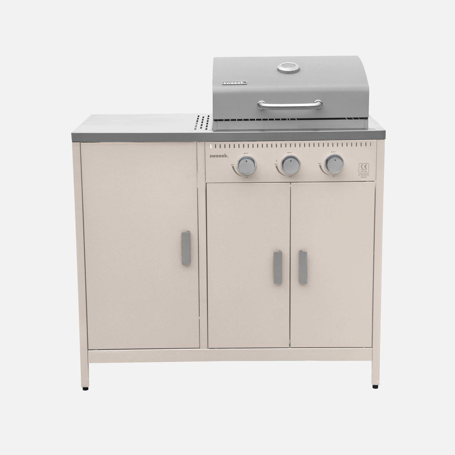 Barbacoa de gas con 3 quemadores, 3 puertas y termómetro Beige - 100x51x87.5 cm,sweeek,Photo4