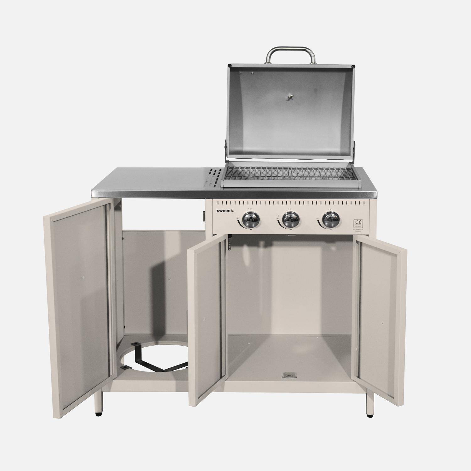 Barbecue gaz 3 brûleurs, beige, 3 portes et 2 espaces de rangement,sweeek,Photo4