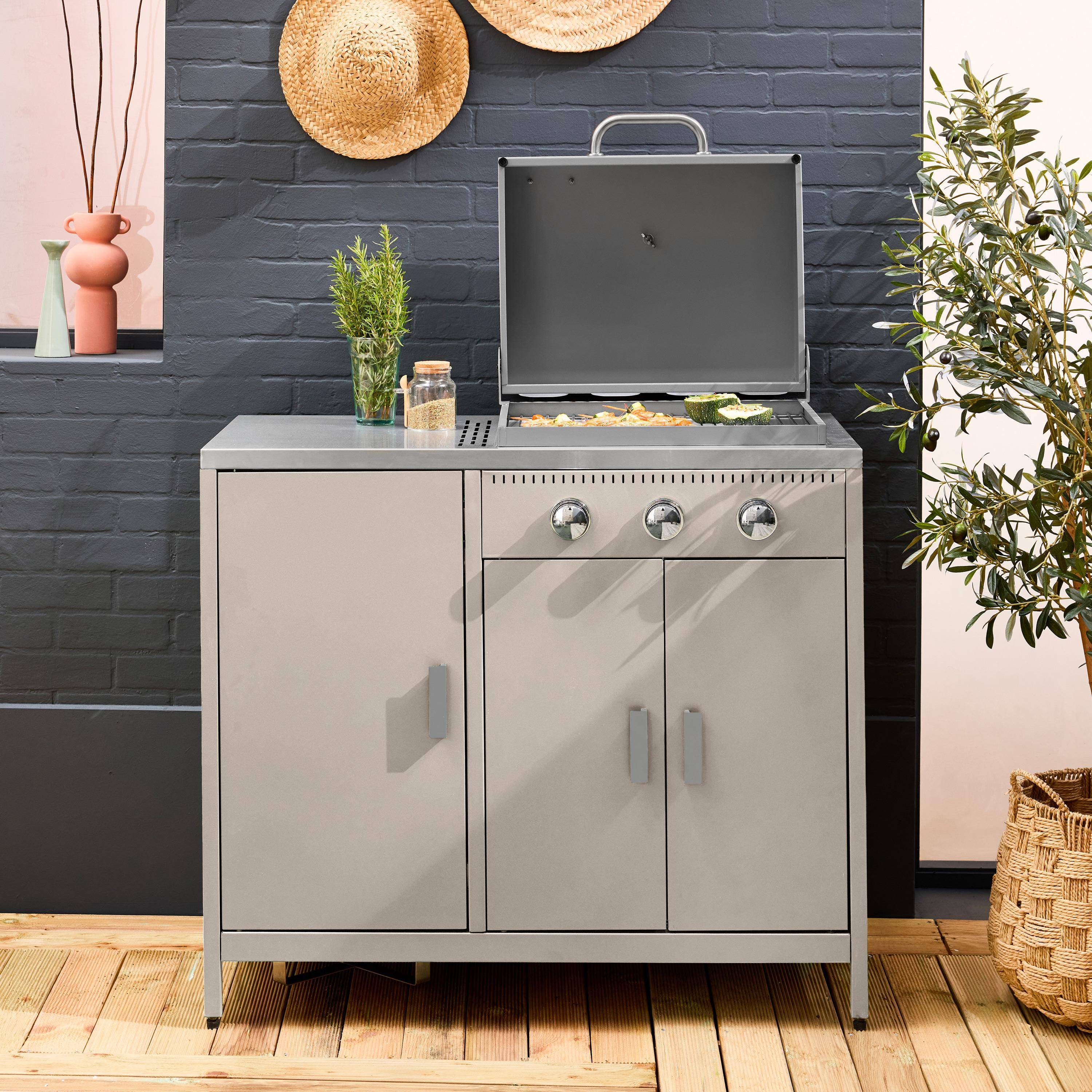 Barbacoa de gas con 3 quemadores, 3 puertas y termómetro Beige - 100x51x87.5 cm Photo2