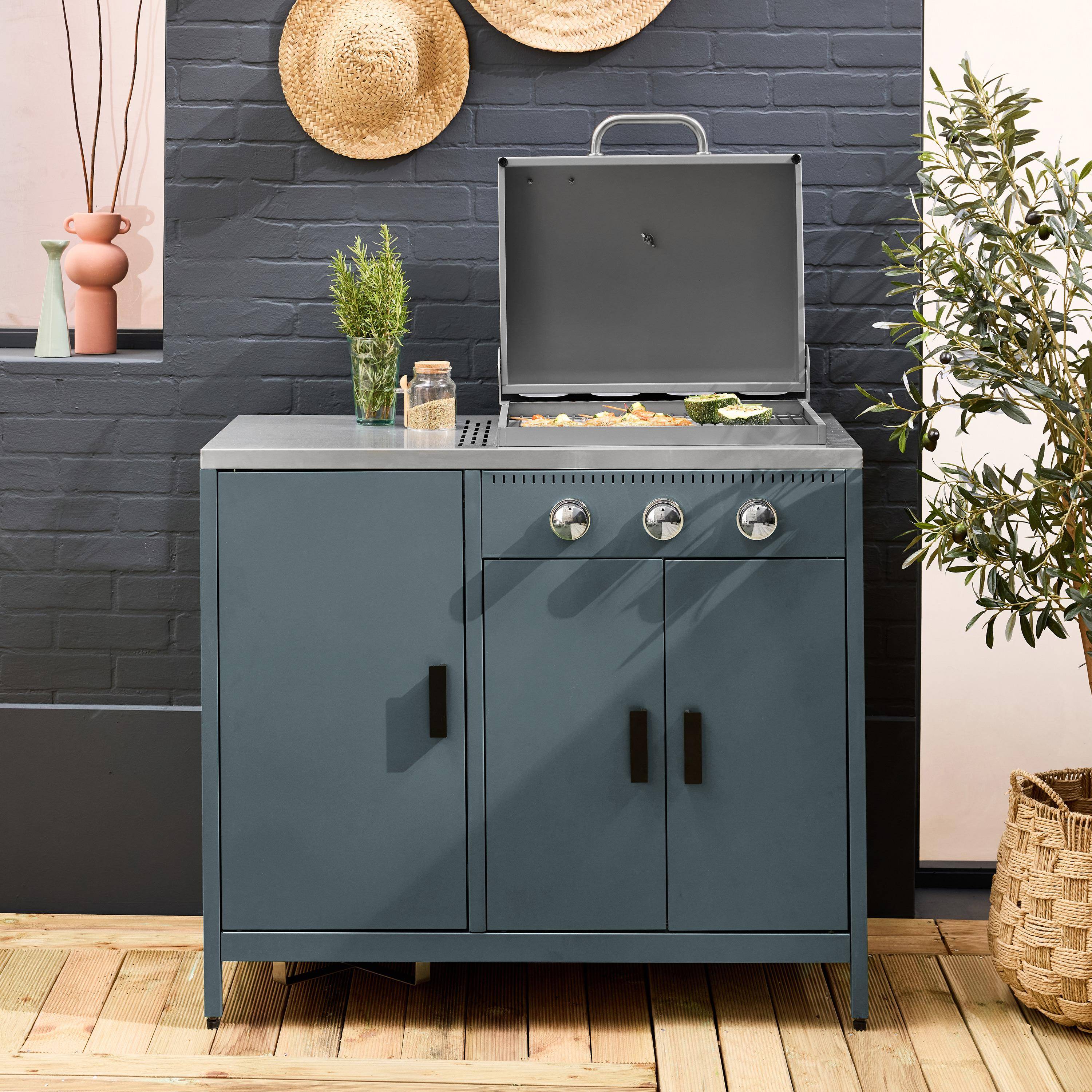 Gasbarbecue met 3 branders, 2 opbergruimtes en 3 deuren grijsblauw 100 x 58,5 x 138,5cm - Naxos,sweeek,Photo1