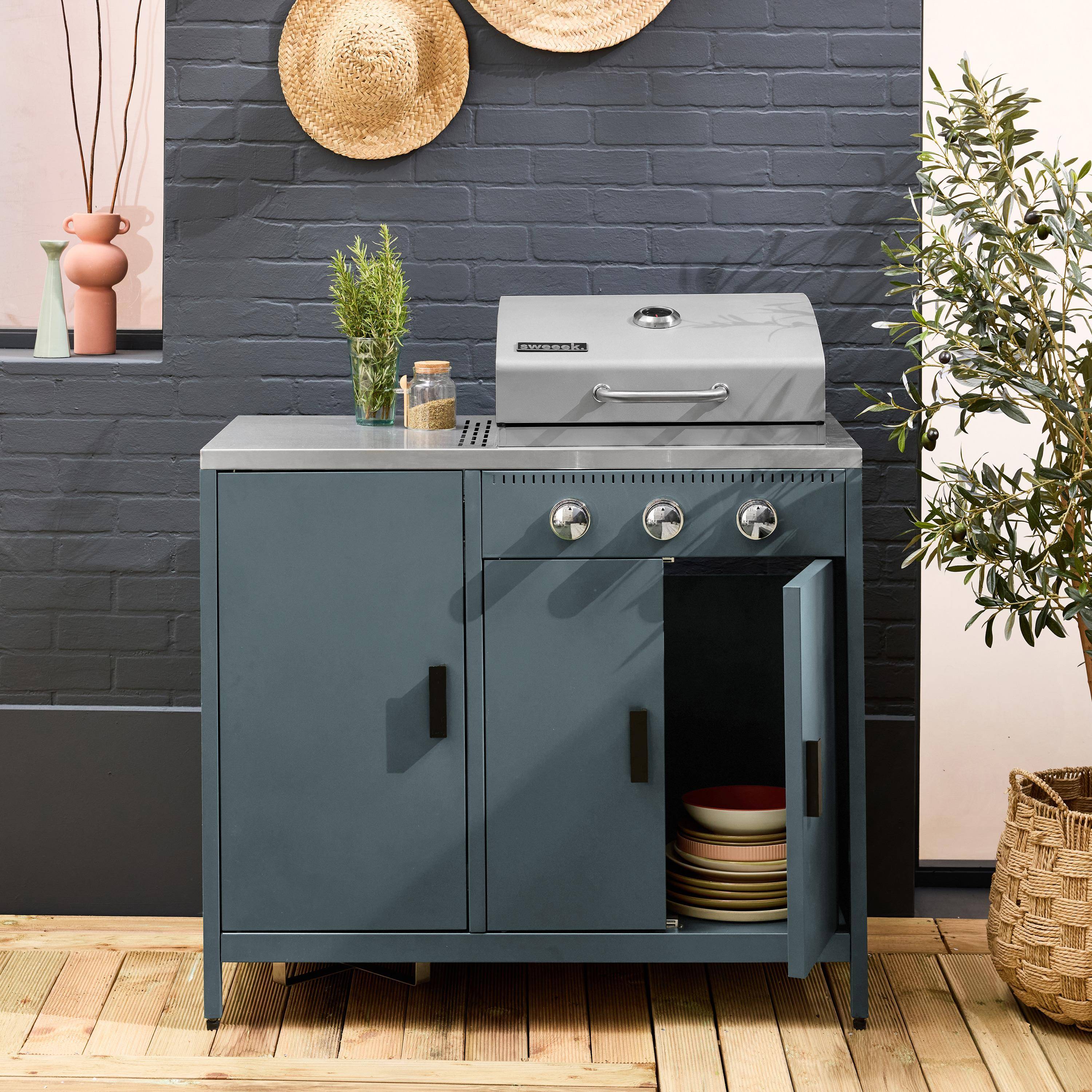 Gasbarbecue met 3 branders, 2 opbergruimtes en 3 deuren grijsblauw 100 x 58,5 x 138,5cm - Naxos,sweeek,Photo2