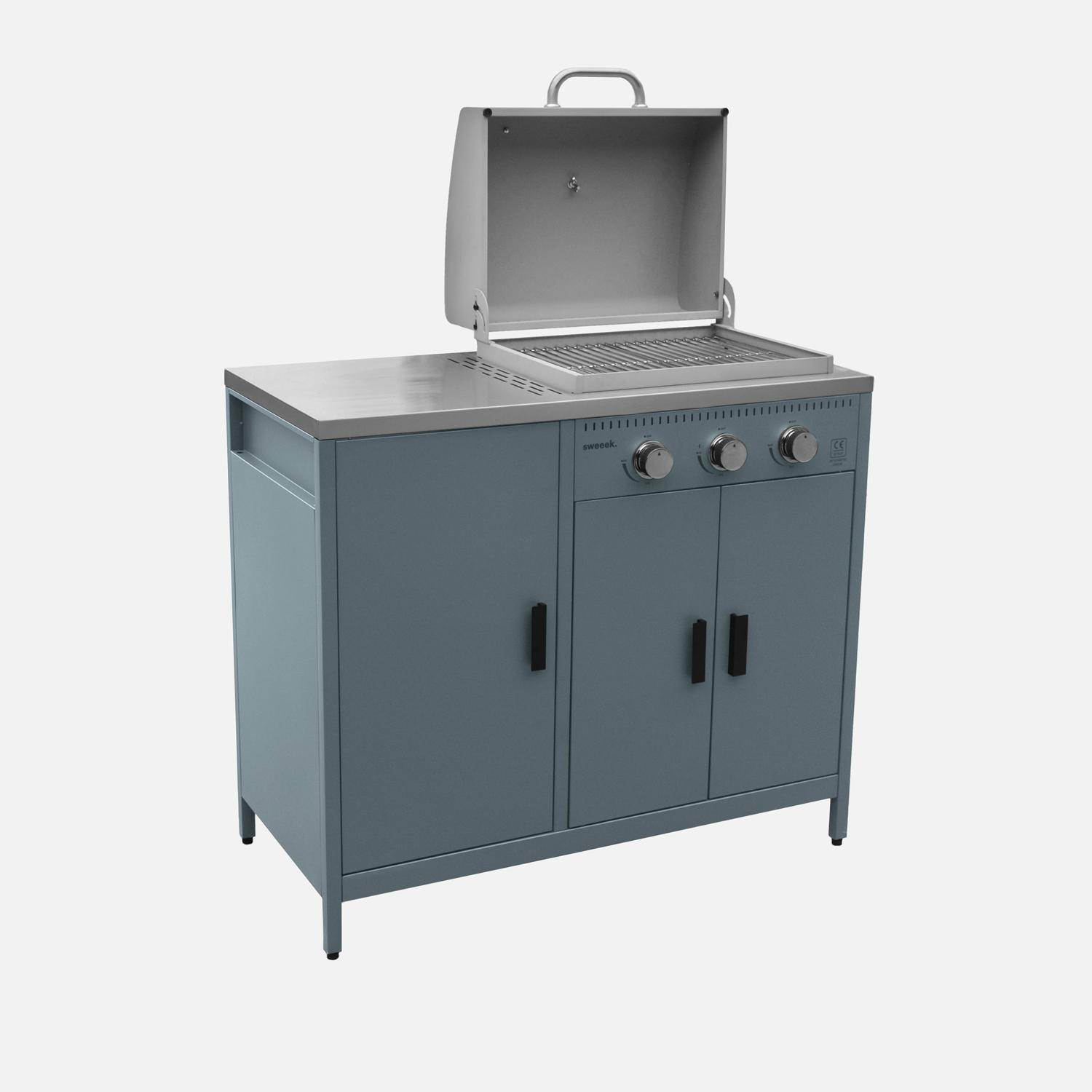 Gasbarbecue met 3 branders, 2 opbergruimtes en 3 deuren grijsblauw 100 x 58,5 x 138,5cm - Naxos,sweeek,Photo6