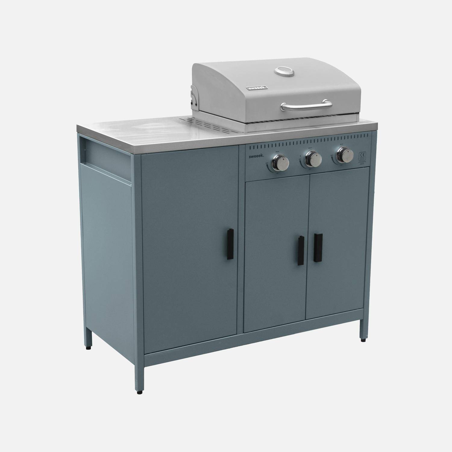 Gasbarbecue met 3 branders, 2 opbergruimtes en 3 deuren grijsblauw 100 x 58,5 x 138,5cm - Naxos,sweeek,Photo3