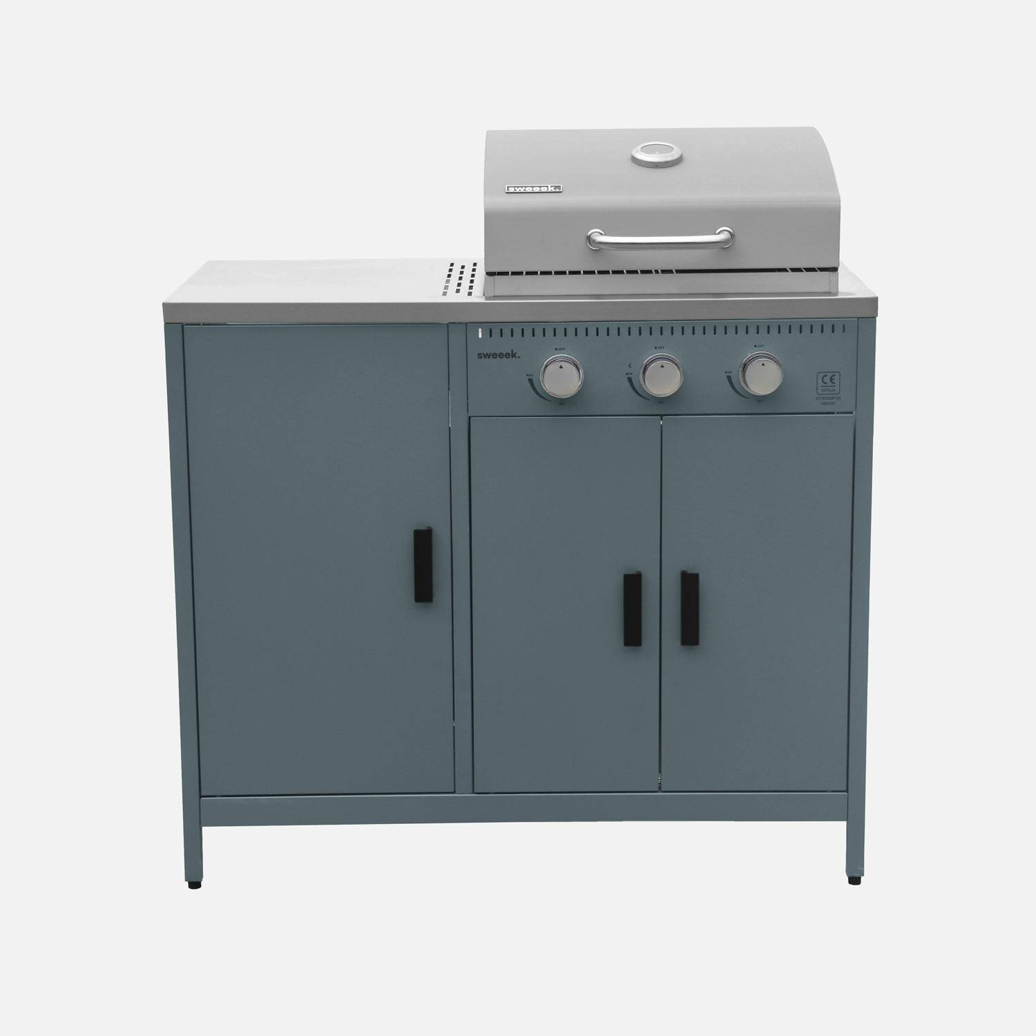 Gasbarbecue met 3 branders, 2 opbergruimtes en 3 deuren grijsblauw 100 x 58,5 x 138,5cm - Naxos,sweeek,Photo5