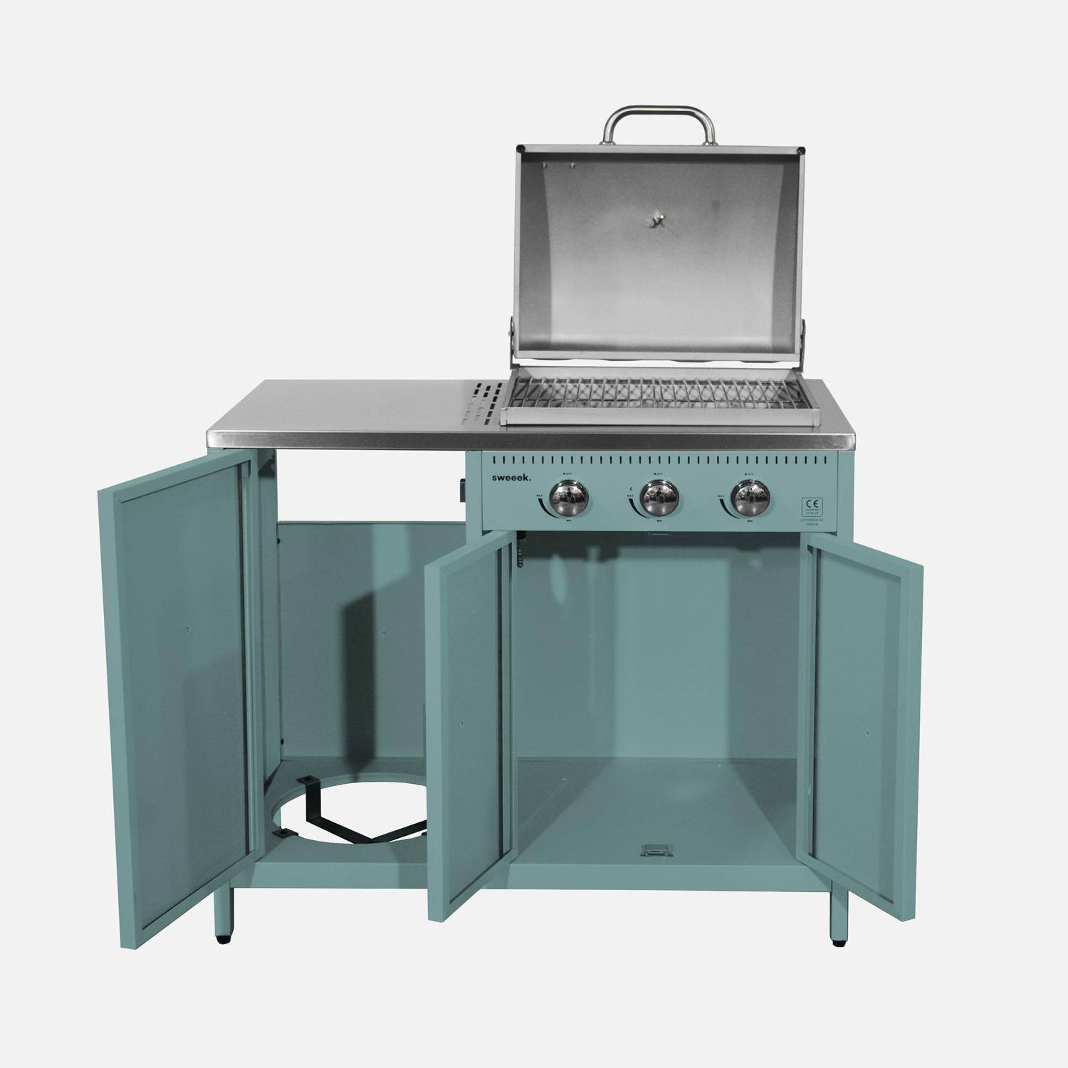 Barbecue gaz 3 brûleurs, bleu gris, 3 portes et 2 espaces de rangement Photo4